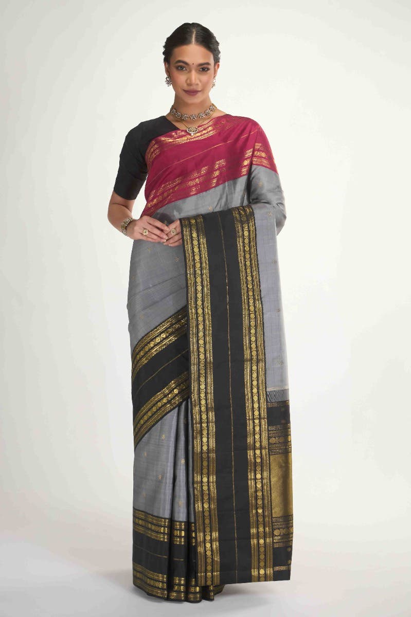 Kamala-Pure Silk Pure Gold Zari Grey Kanchipuram Saree