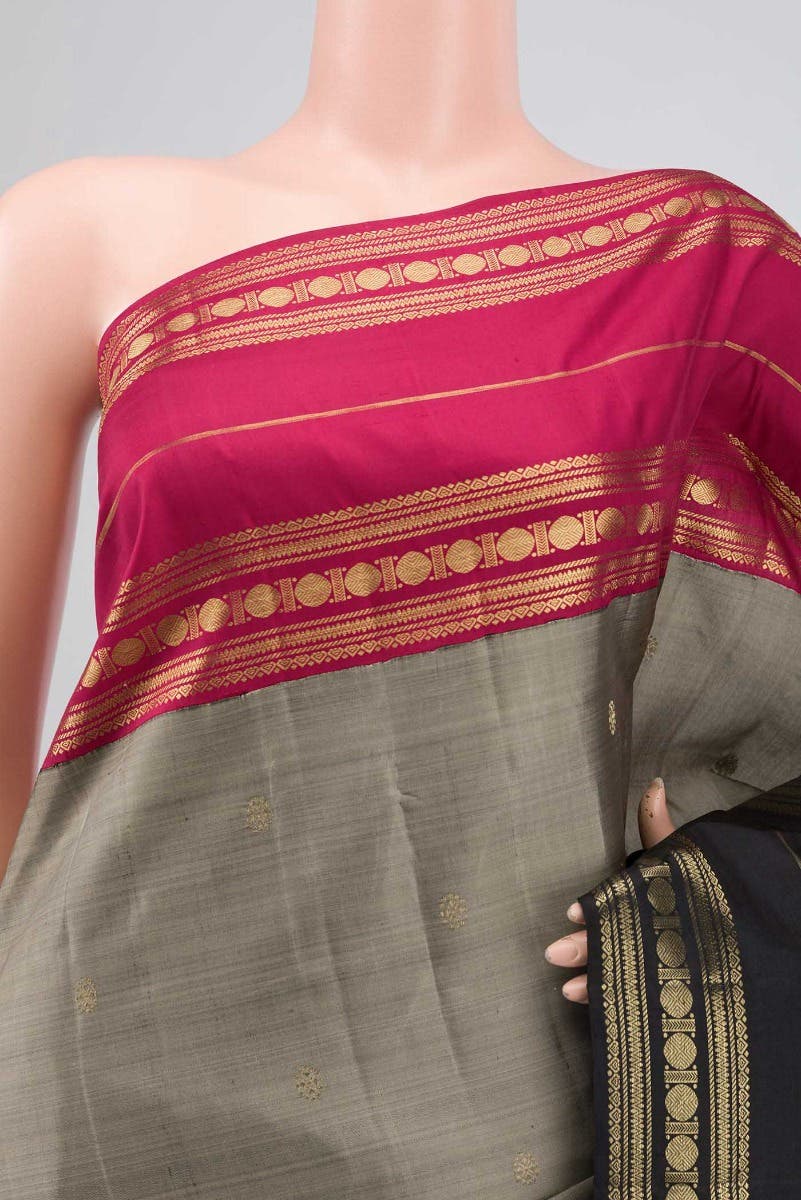 Kamala-Pure Silk Pure Gold Zari Narmadi Grey Kanchipuram Saree