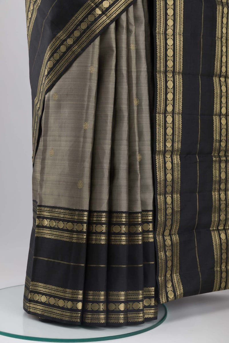 Kamala-Pure Silk Pure Gold Zari Narmadi Grey Kanchipuram Saree
