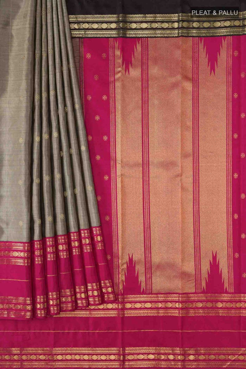 Kamala-Pure Silk Pure Gold Zari Narmadi Grey Kanchipuram Saree