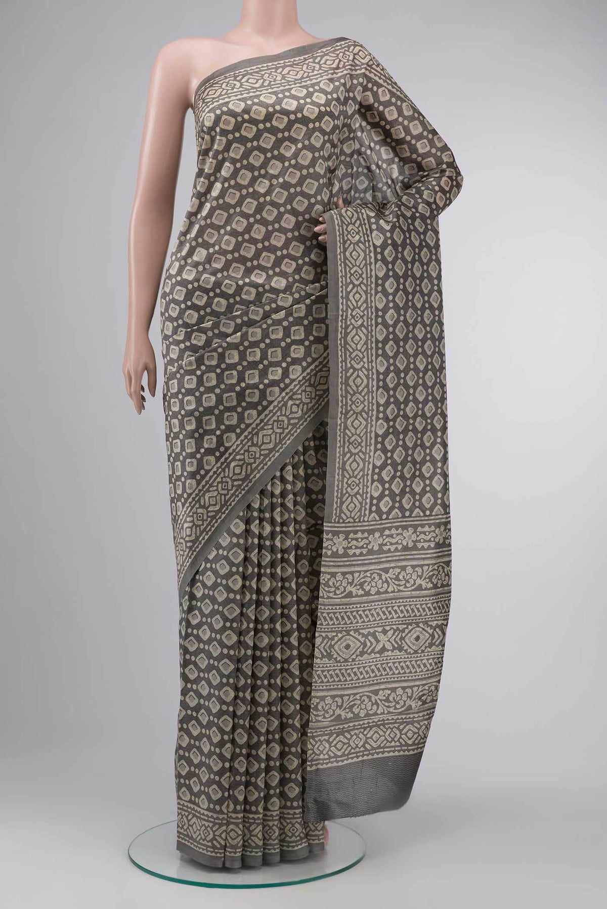 Grey Printed Silk Saree