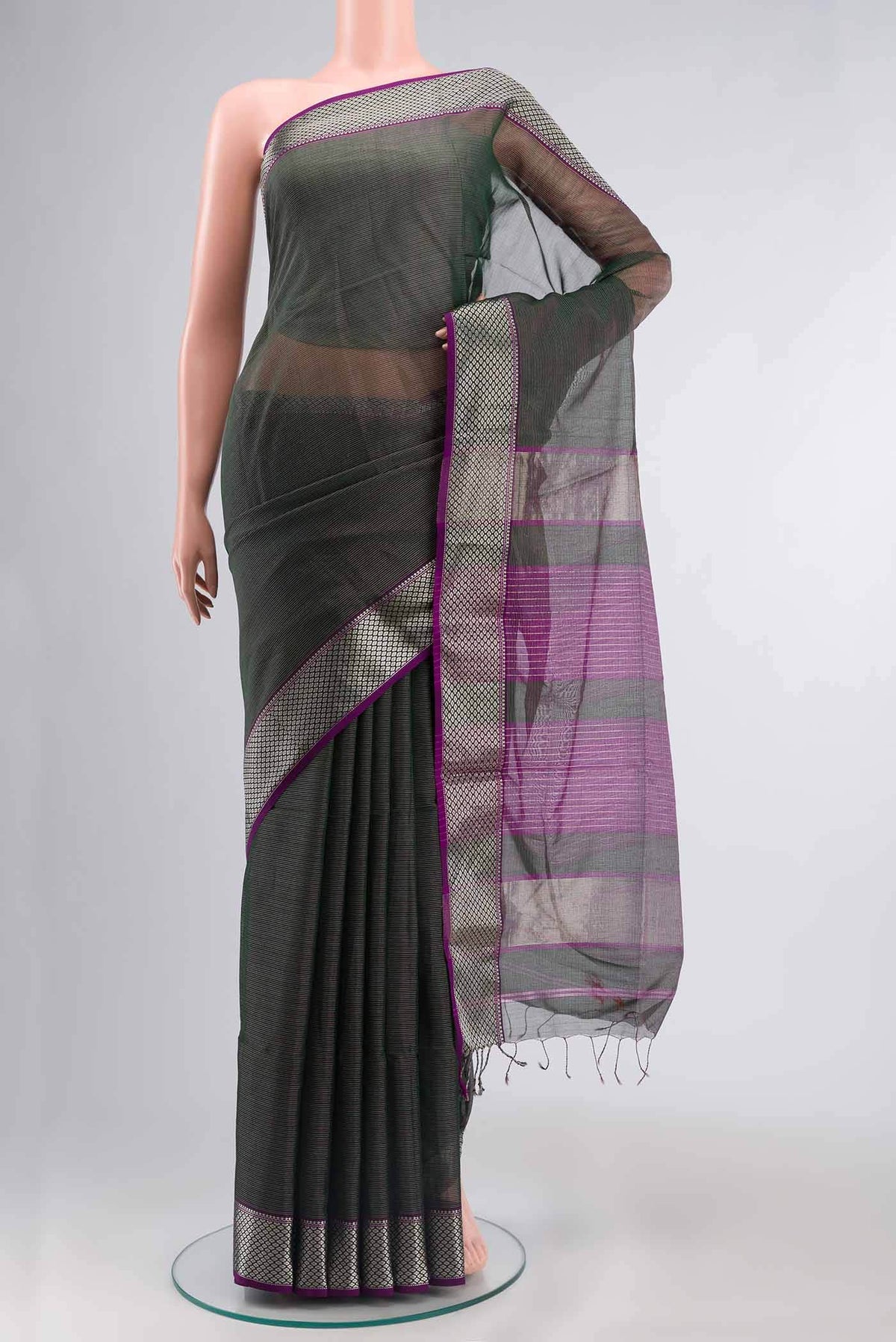 Bottle Green Maheshwari Silk Cotton Saree