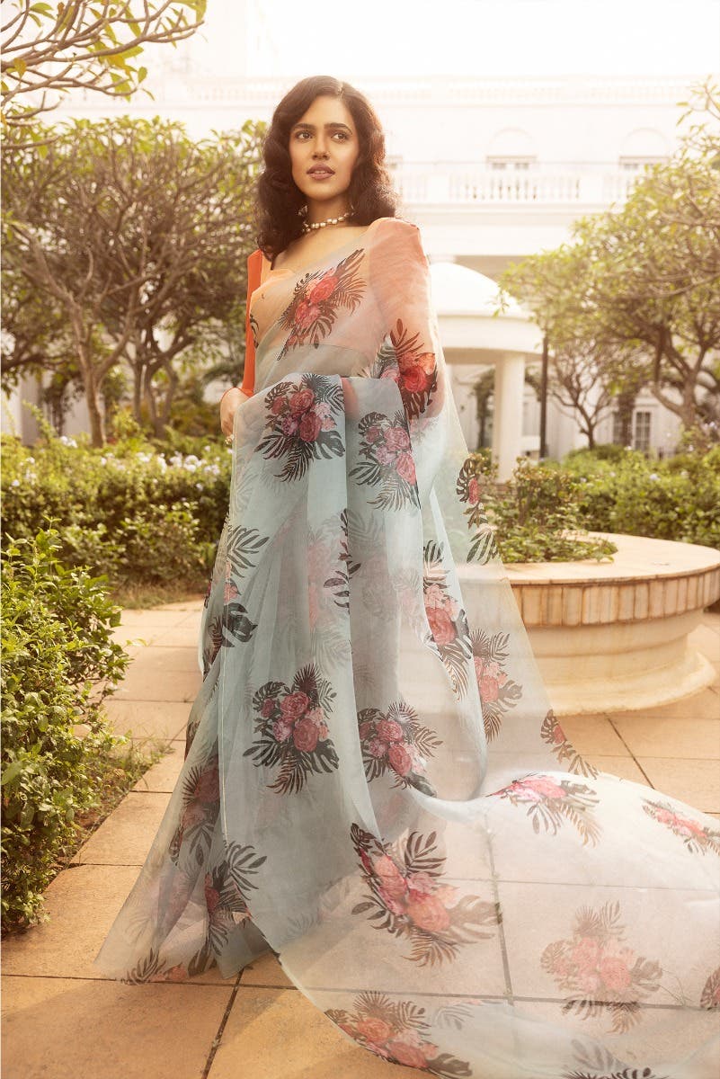 The Flower Bunch Mint Green Pure Organza Silk Saree