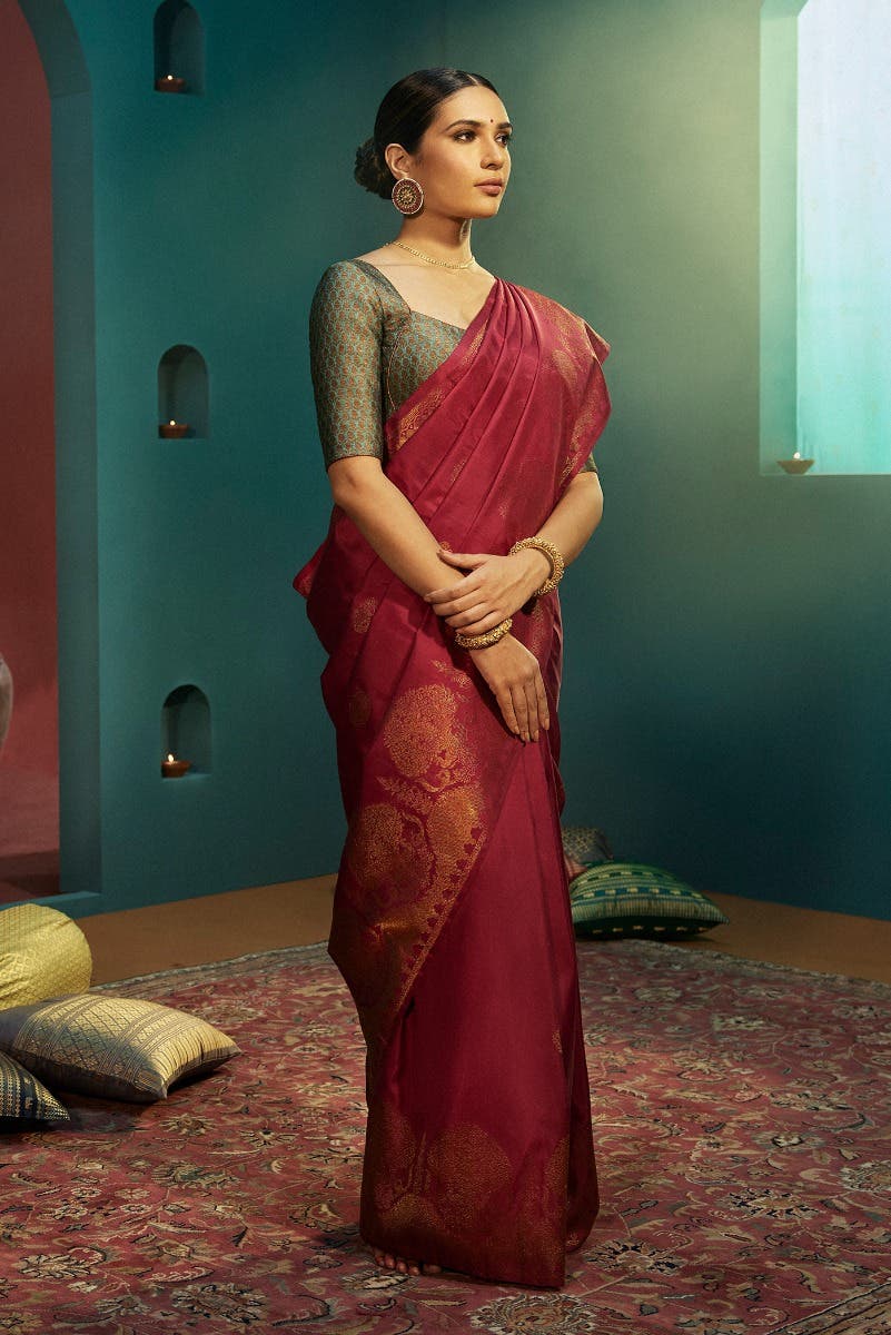 Gandaberunda-Red Kanchipuram Silk Saree