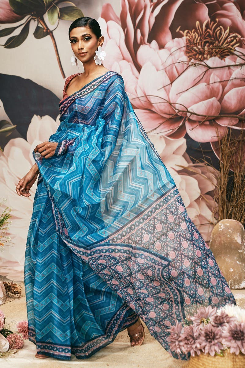 Leher - Blue Floral design saree from Chintz Collection, Designed by Nalli