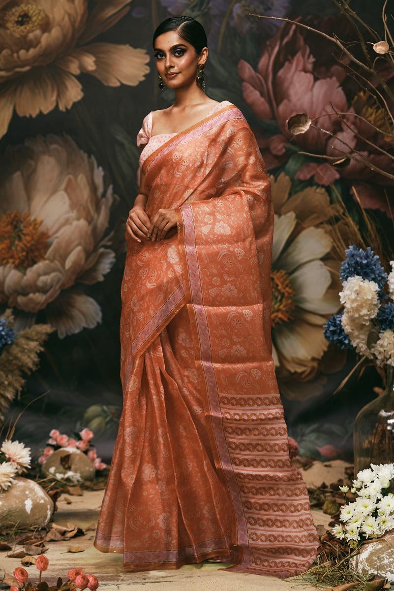 Guldasta - Peach Floral design saree from Chintz Collection, Designed by Nalli