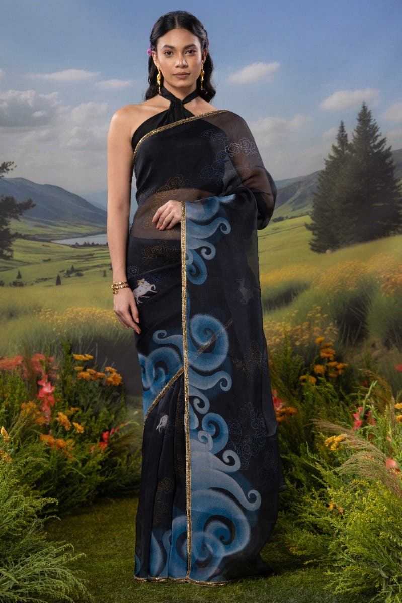 Sea of Tranquility-Dark Blue Pure Organza Silk Saree