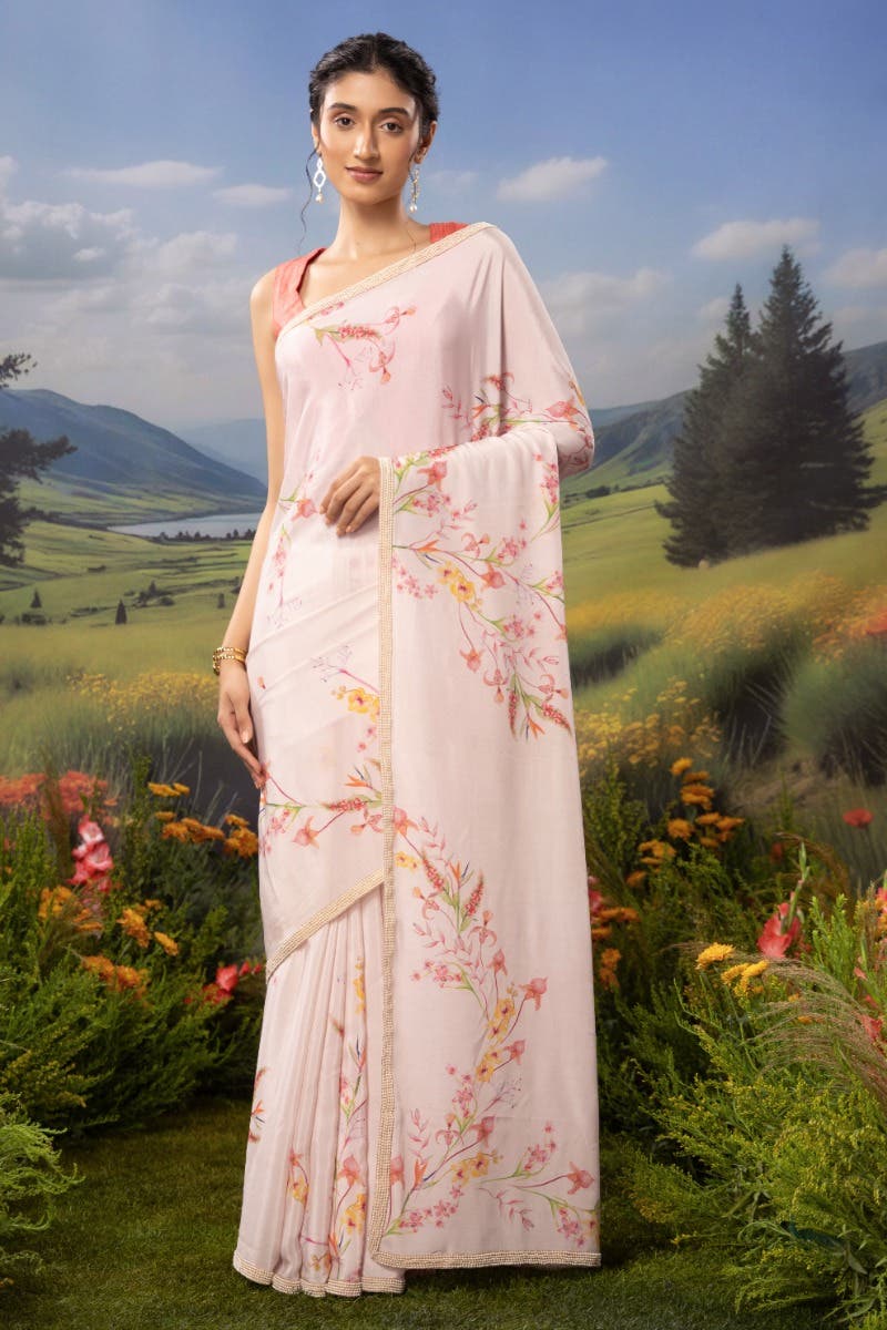 Wild Orchids-Off White Crepe Saree