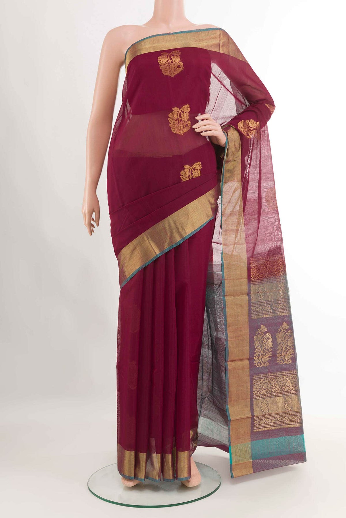 Maroon Dual Tone Blended Kora Cotton Saree