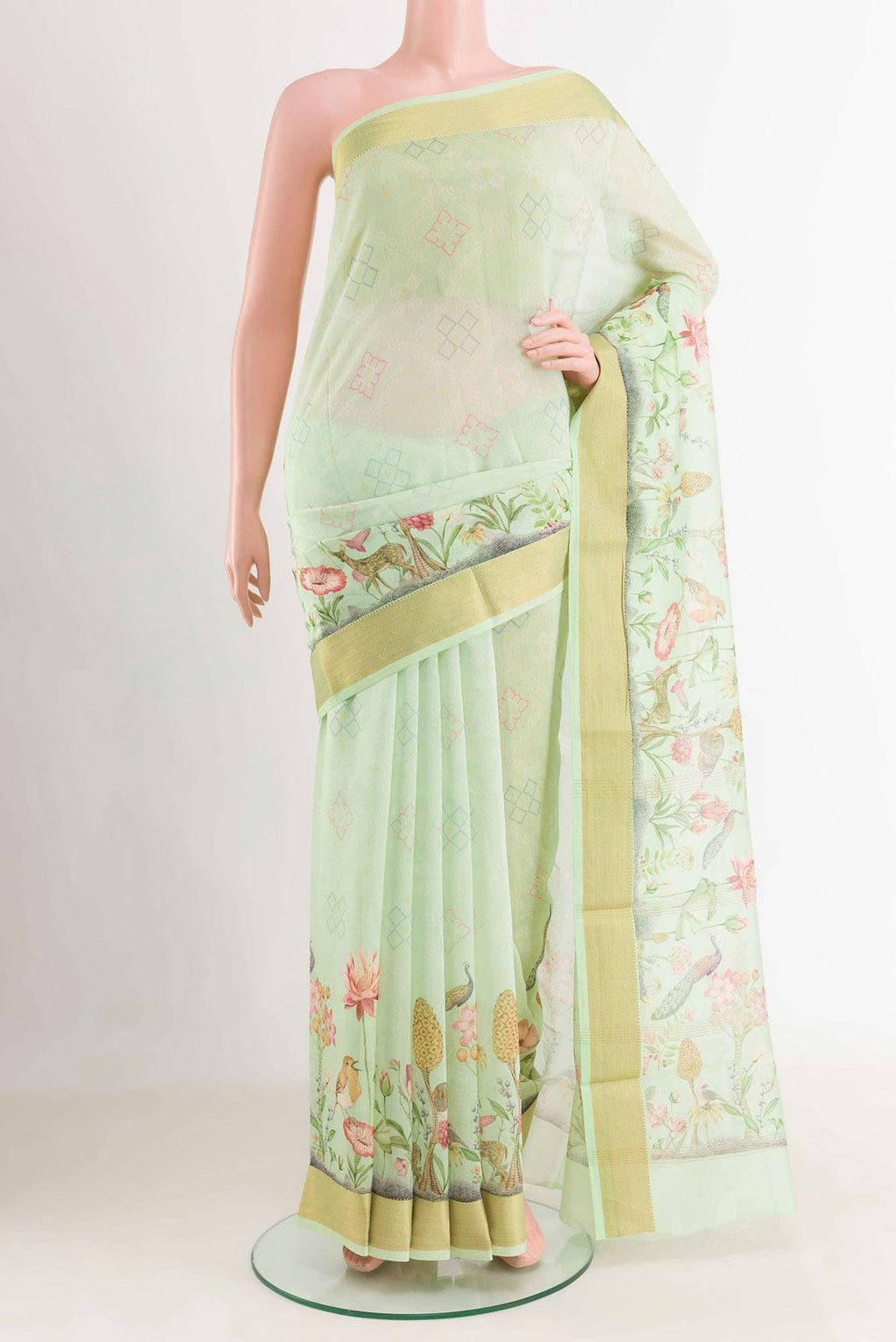 Pista Green Blended Maheshwari Silk Cotton Saree