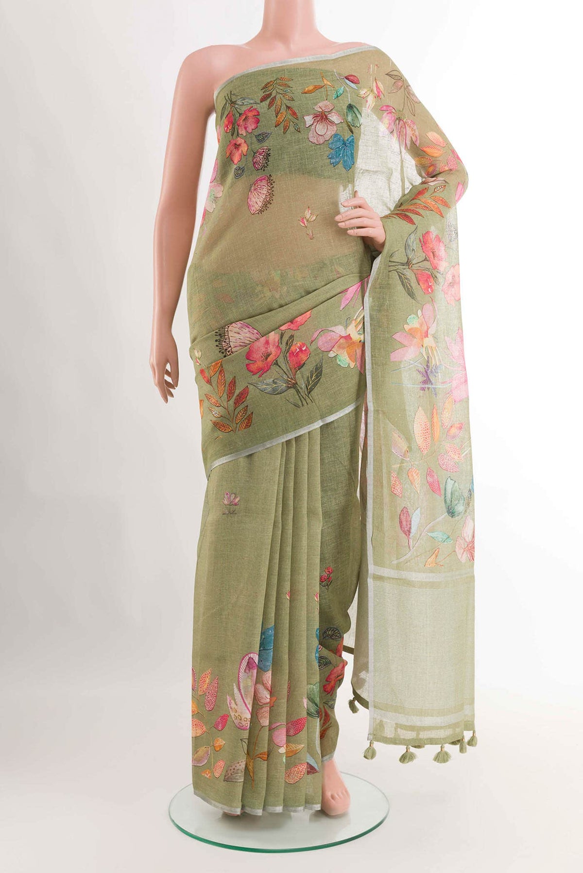 Green Blended Linen Cotton Saree