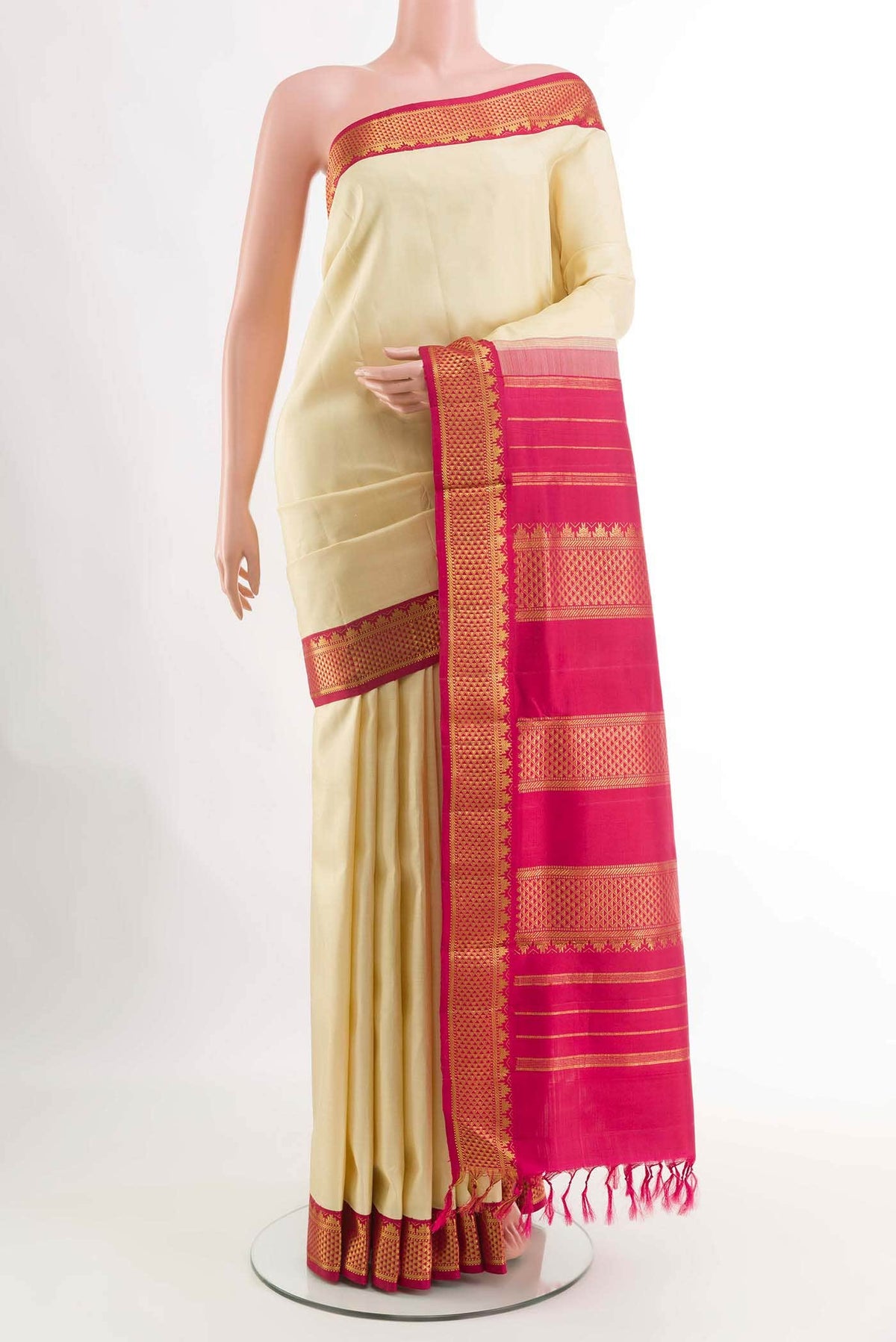 Cream Kanchipuram Silk Nine Yards Saree