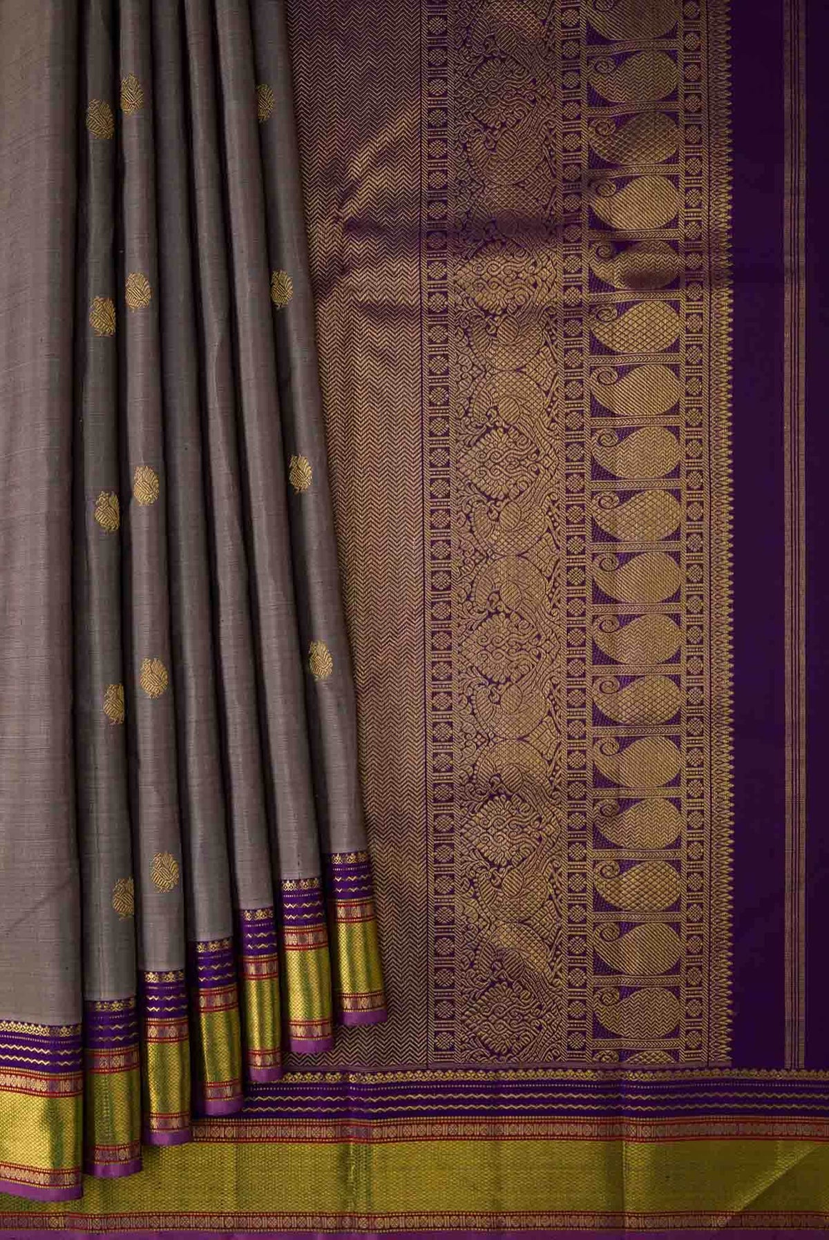 Pure Silk Pure Zari Grey Dual Tone Kanchipuram Saree