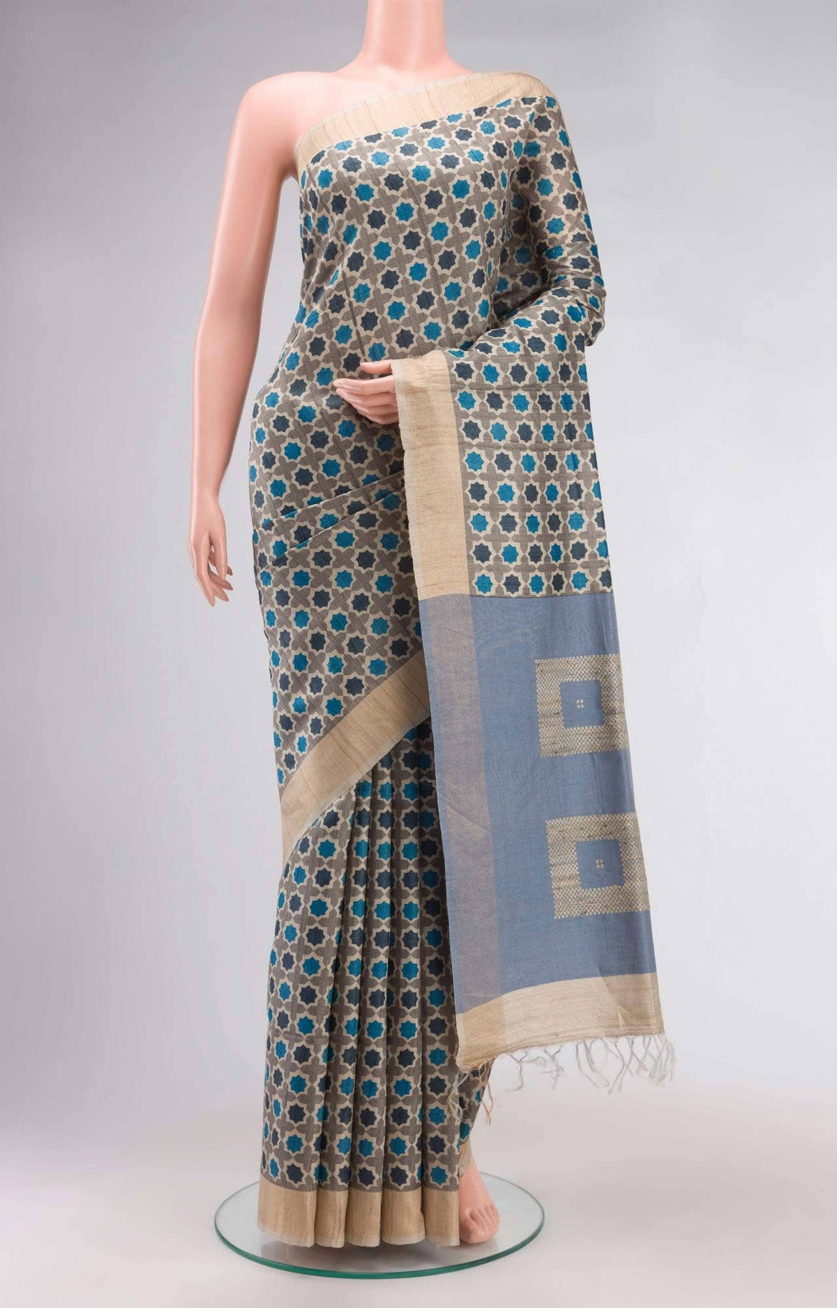Grey Tussar Silk Saree