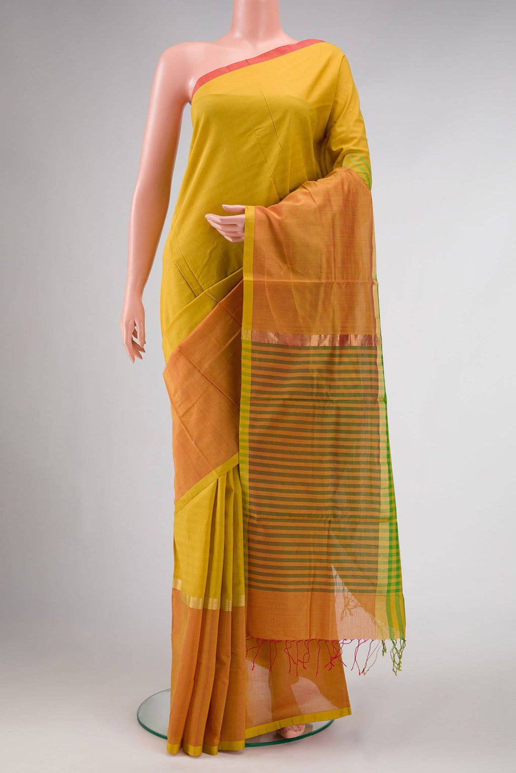 Yellow and Green Dual Tone Blended Chanderi Silk Cotton Saree