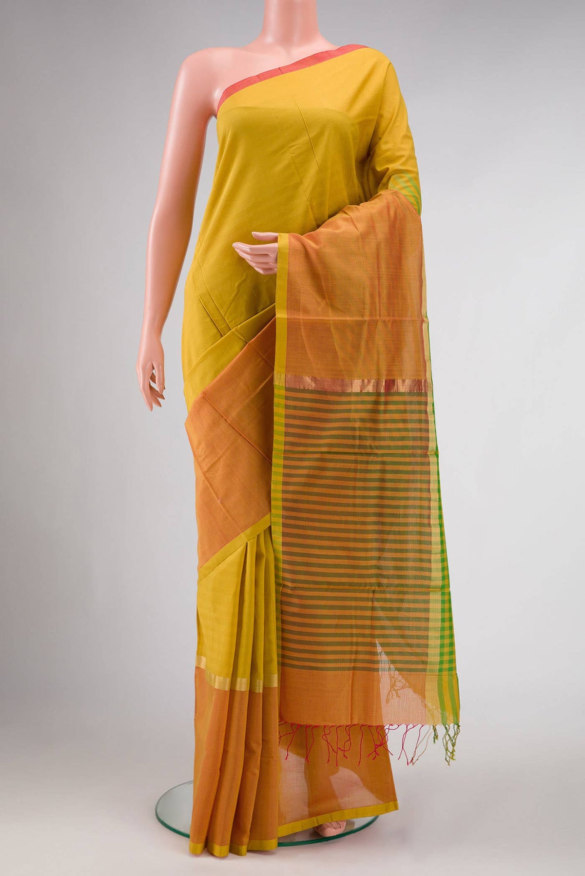 Yellow and Green Dual Tone Blended Chanderi Silk Cotton Saree