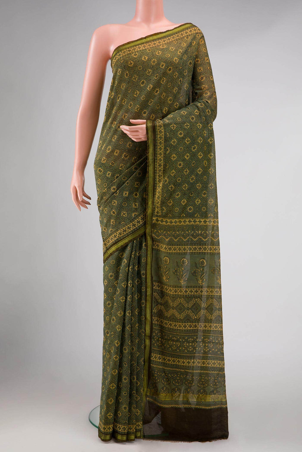Olive Green Chanderi Silk Cotton Saree