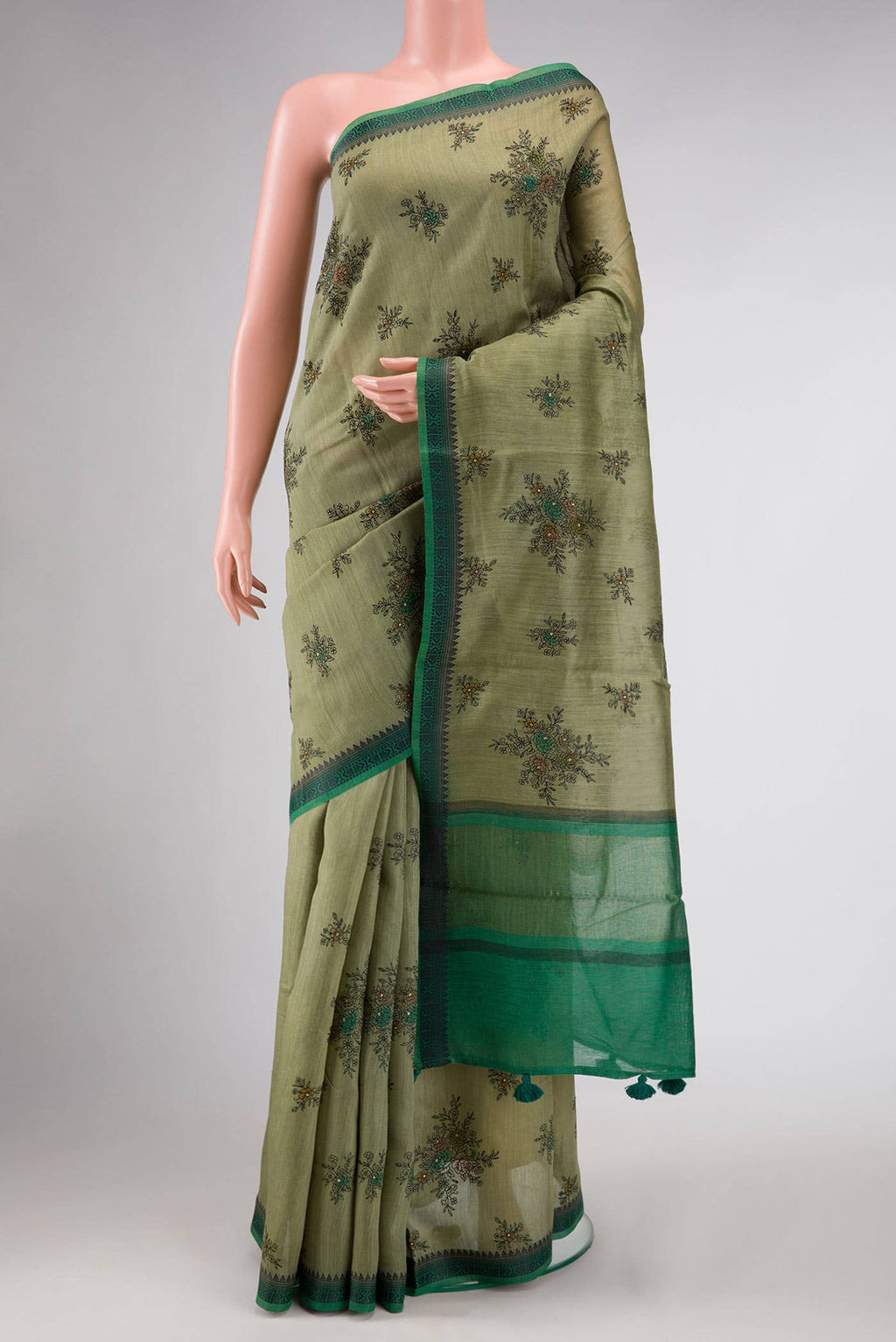 Sage Green Tussar Silk Saree
