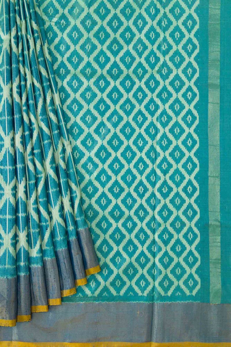 Green and Blue Dual Tone Raw Silk Saree