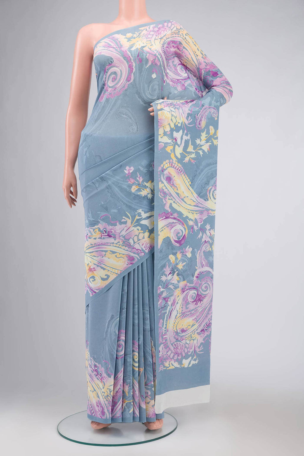 Blue Grey Mysore Crepe Saree