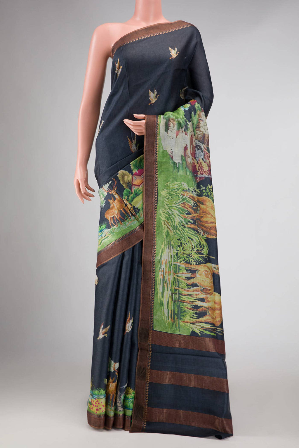 Navy Blue Tussar Silk Saree