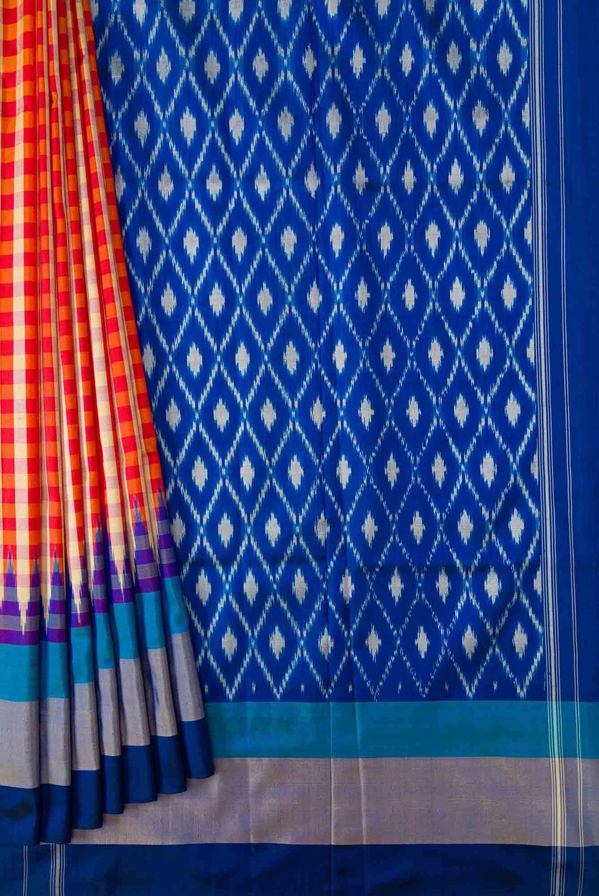 Mustard and Red Dual Tone Double Ikat Saree