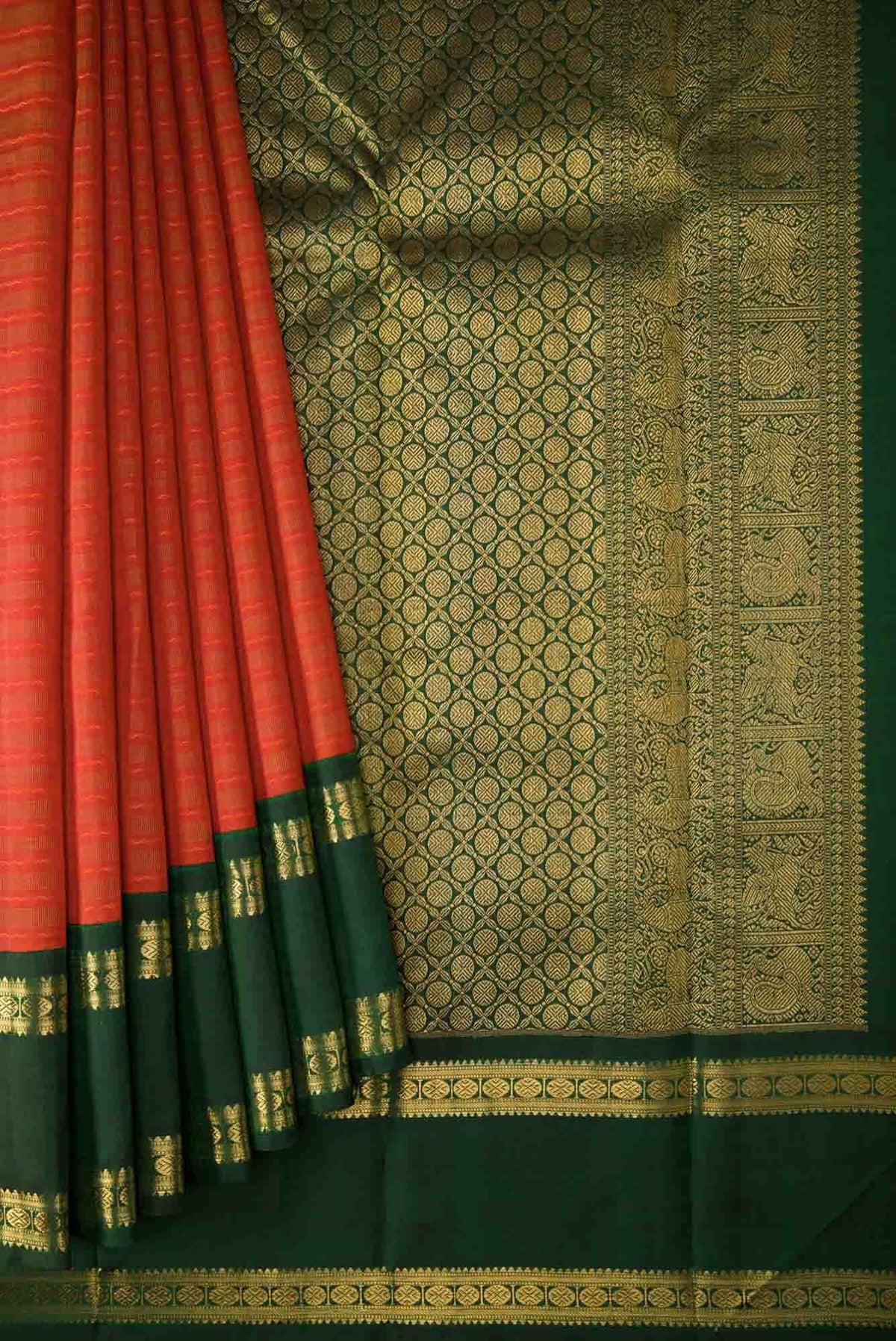Pure Silk Pure Zari Orange Dual Tone Kanchipuram Saree
