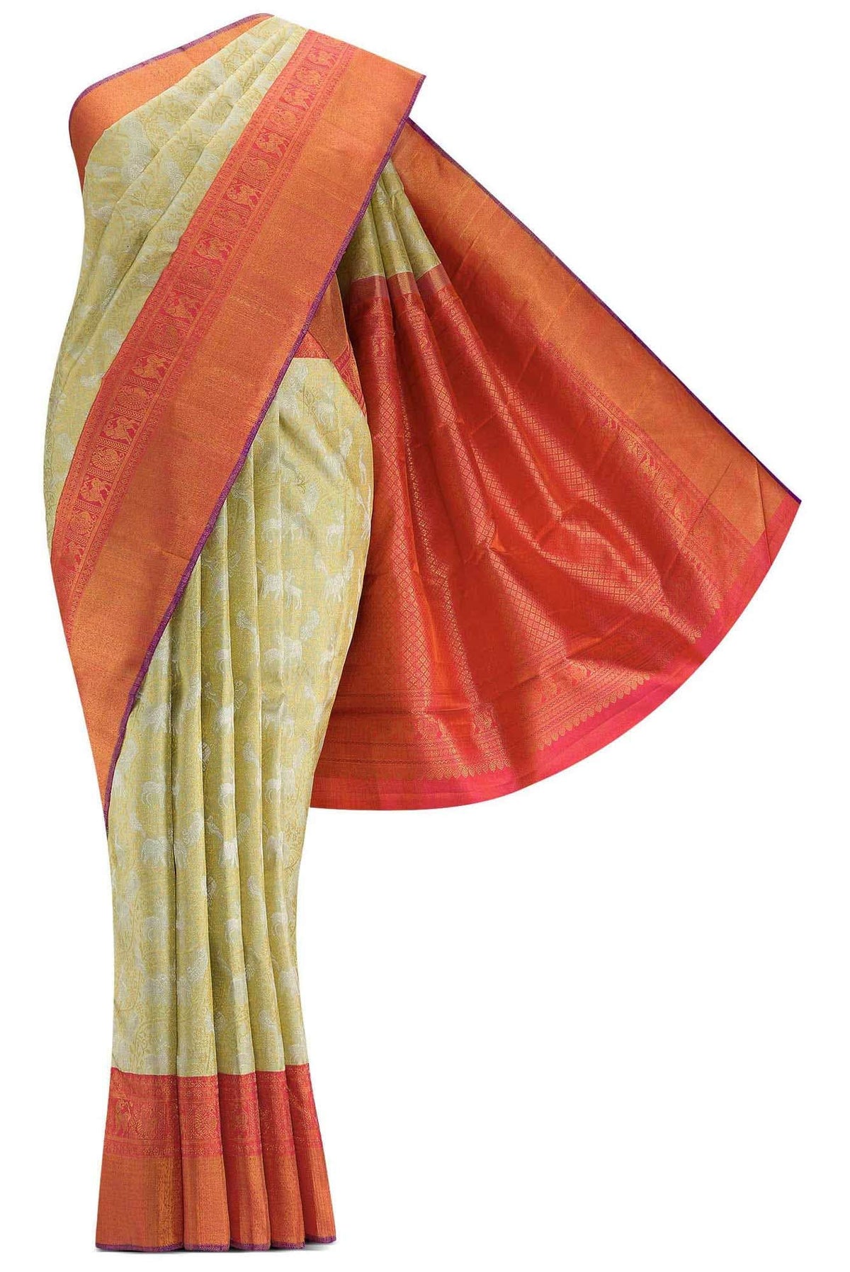 Pure Silk Pure Zari Pista Green Dual Tone Kanjivaram Saree