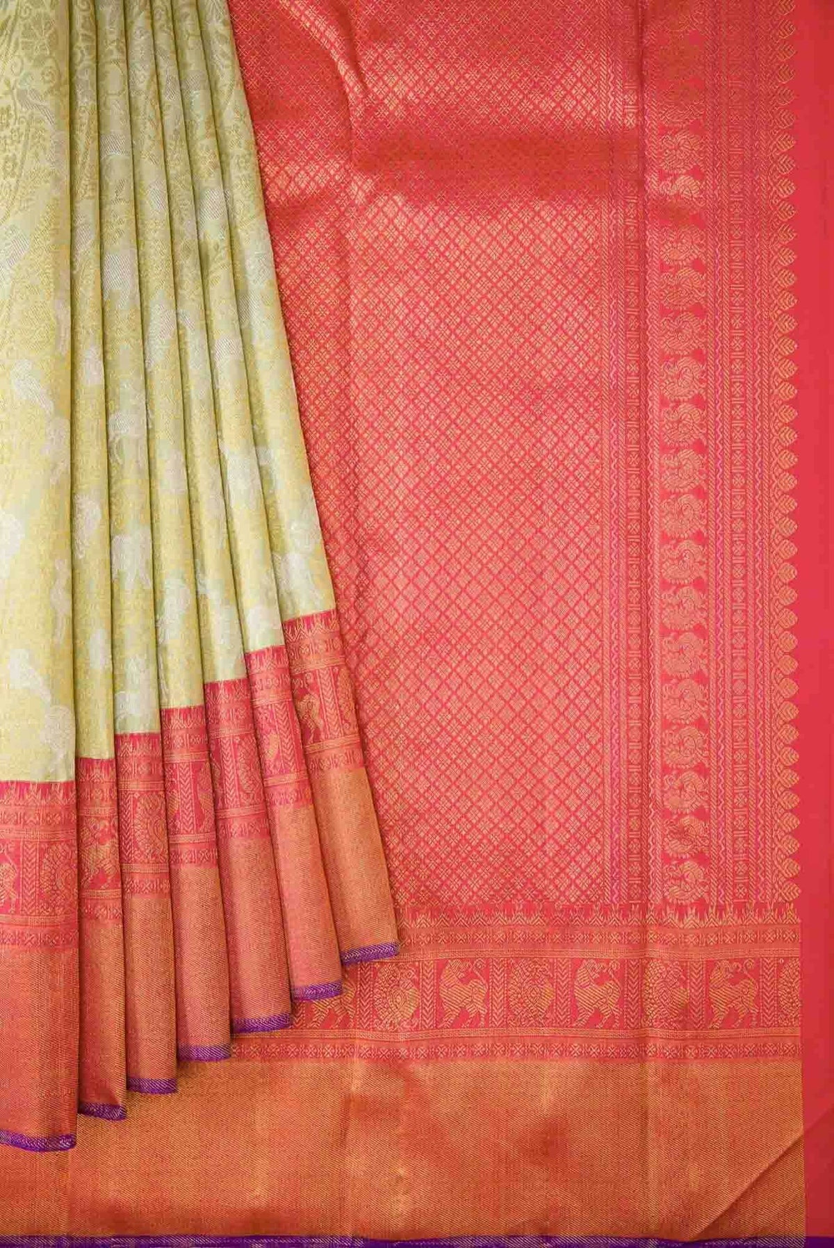 Pure Silk Pure Zari Pista Green Dual Tone Kanjivaram Saree