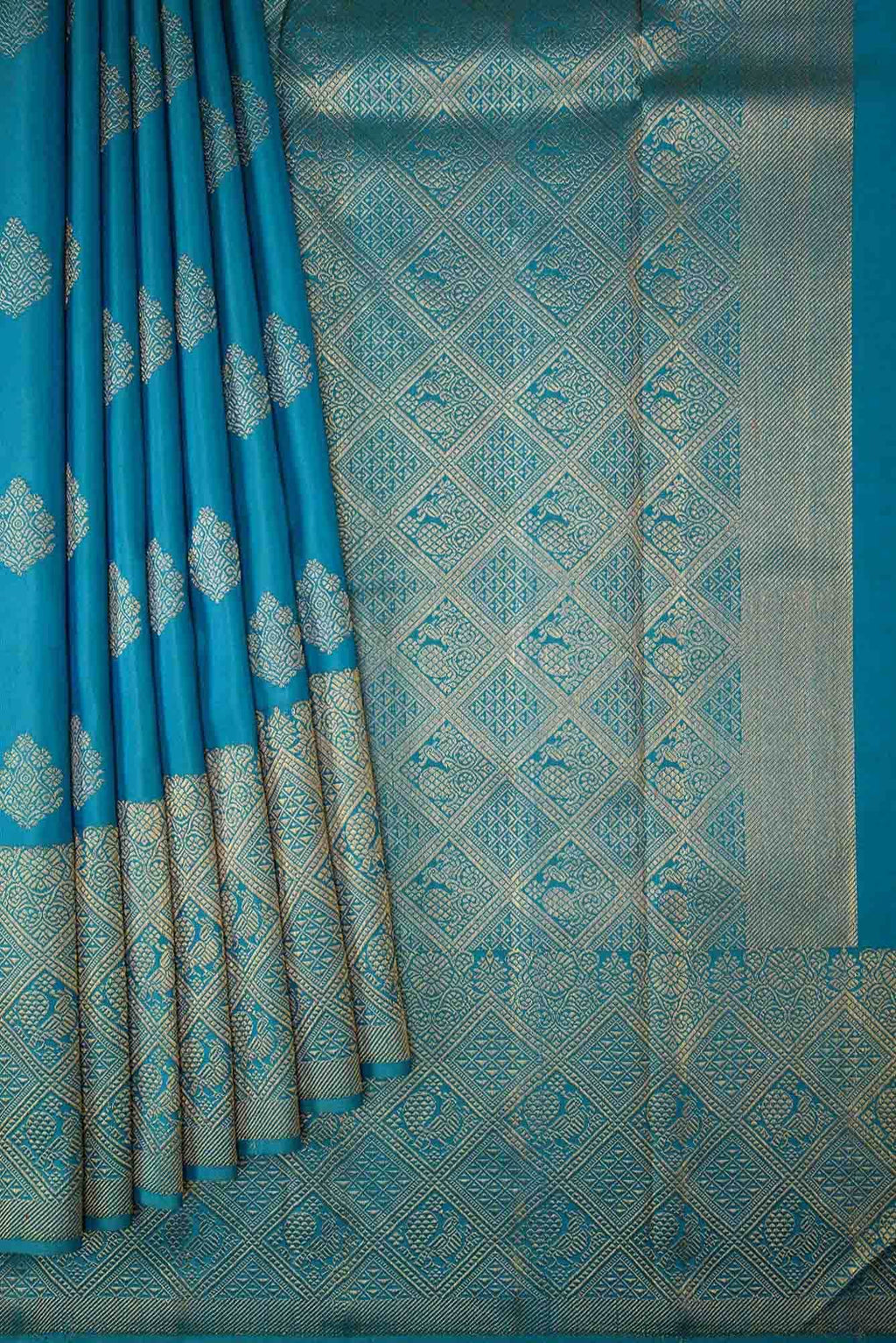 Pure Silk Pure Zari Peacock Blue Dual Tone Kanjivaram Saree
