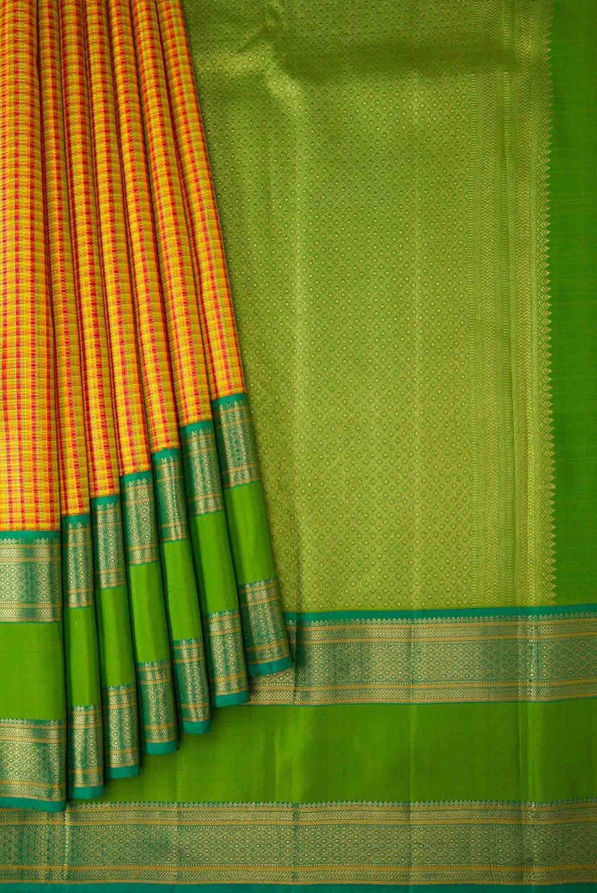 Pure Silk Pure Zari Mustard and Red Dual Tone Kanjivaram Saree