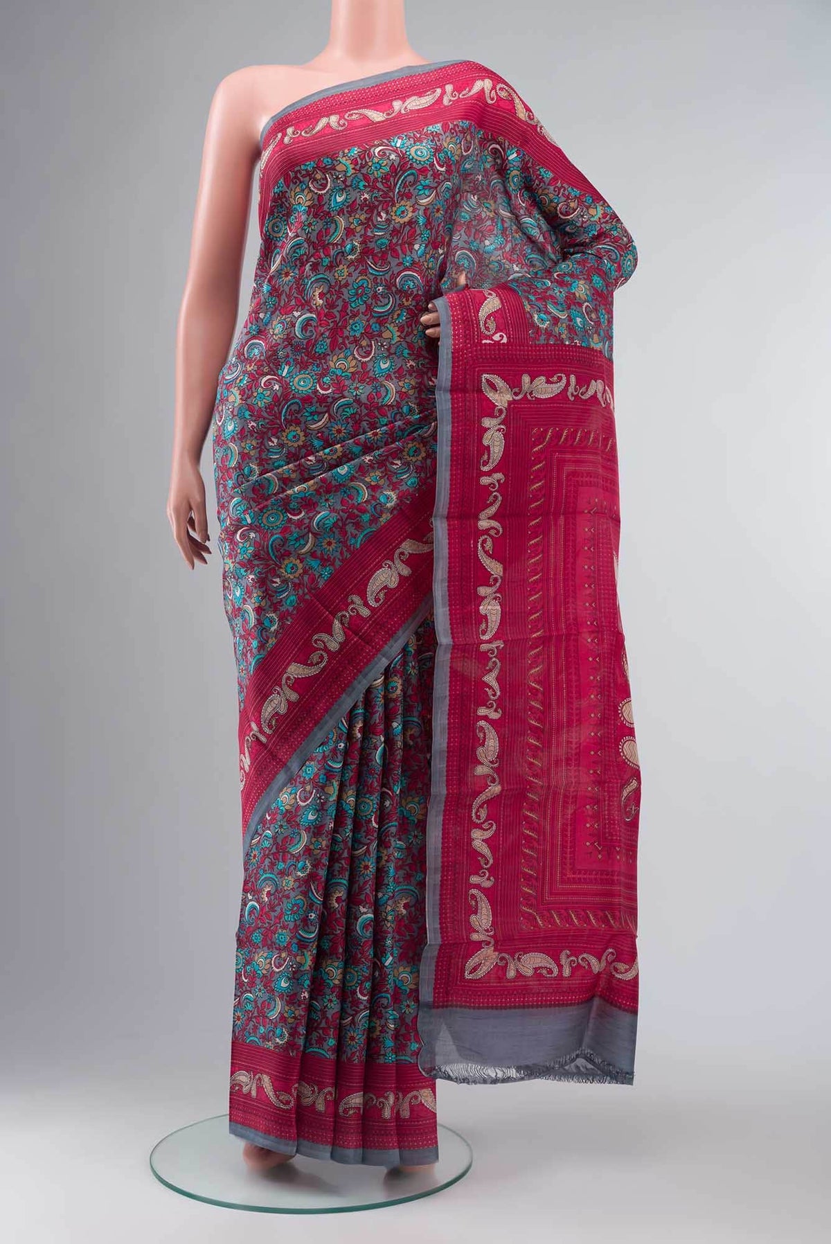 Grey Printed Silk Saree