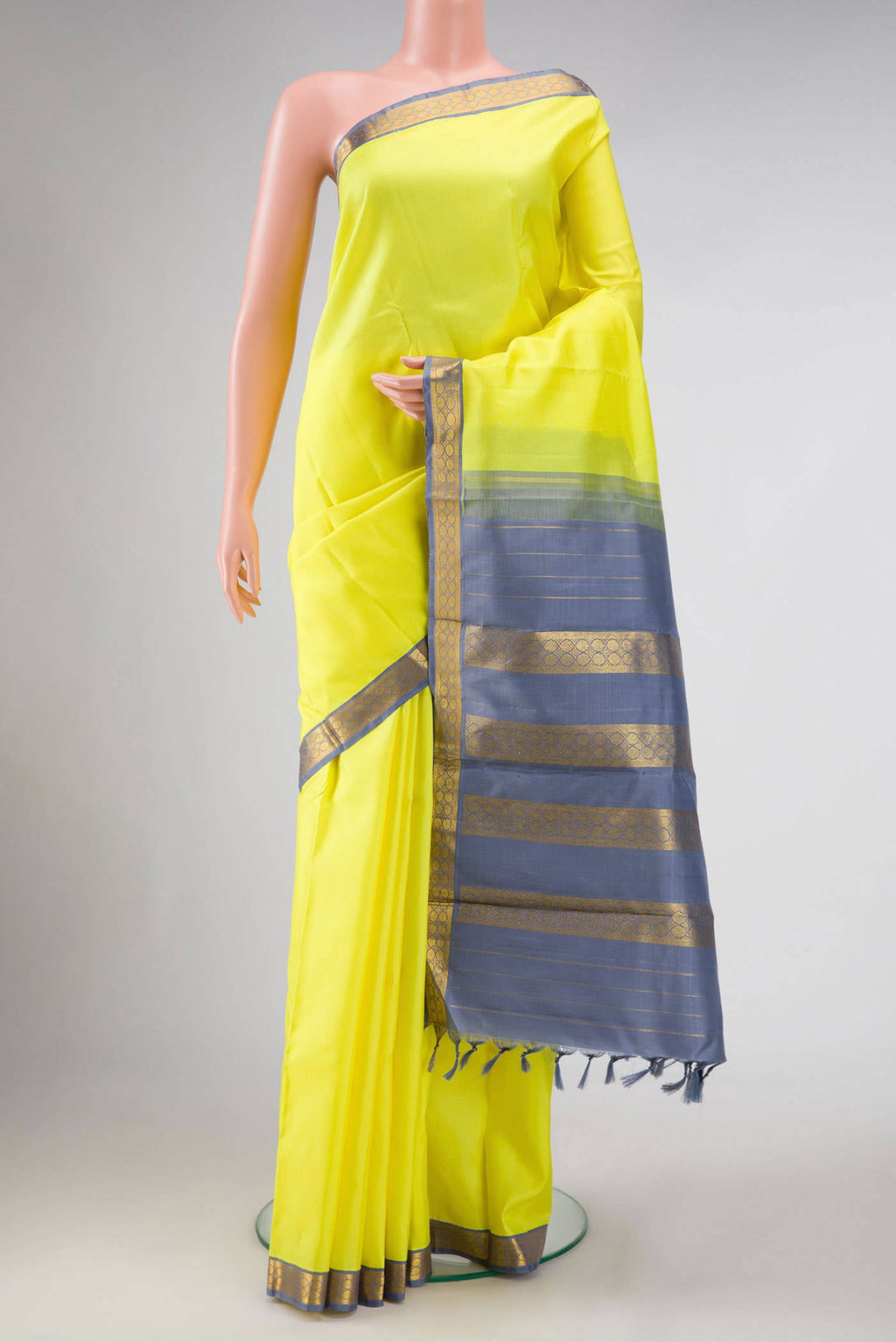 Pure Silk Pure Zari Lemon Yellow Dual Tone Kanchipuram Saree