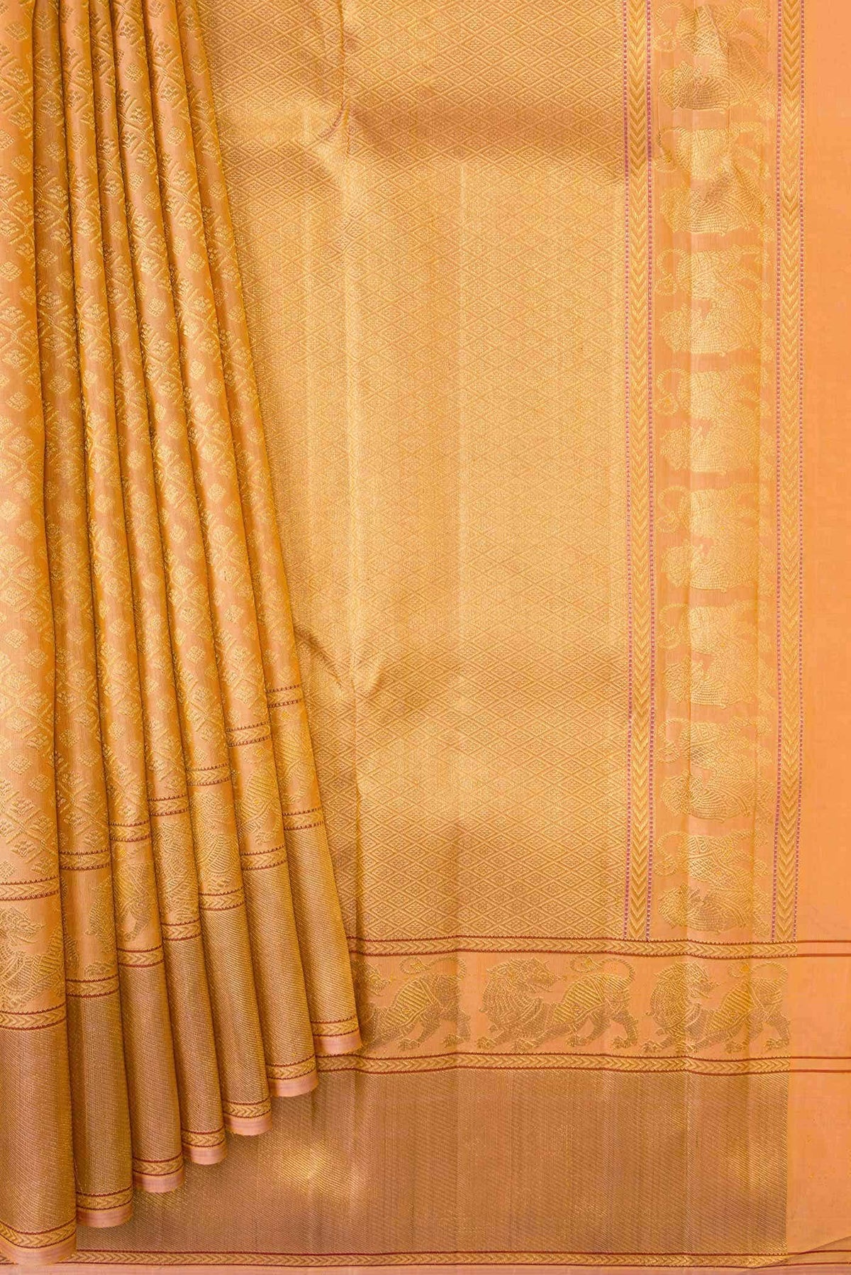 Pure Silk Pure Zari Golden Peach Kanjivaram Saree