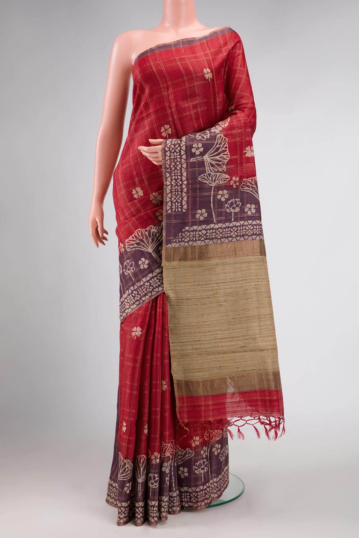 Maroon Tussar Silk Saree