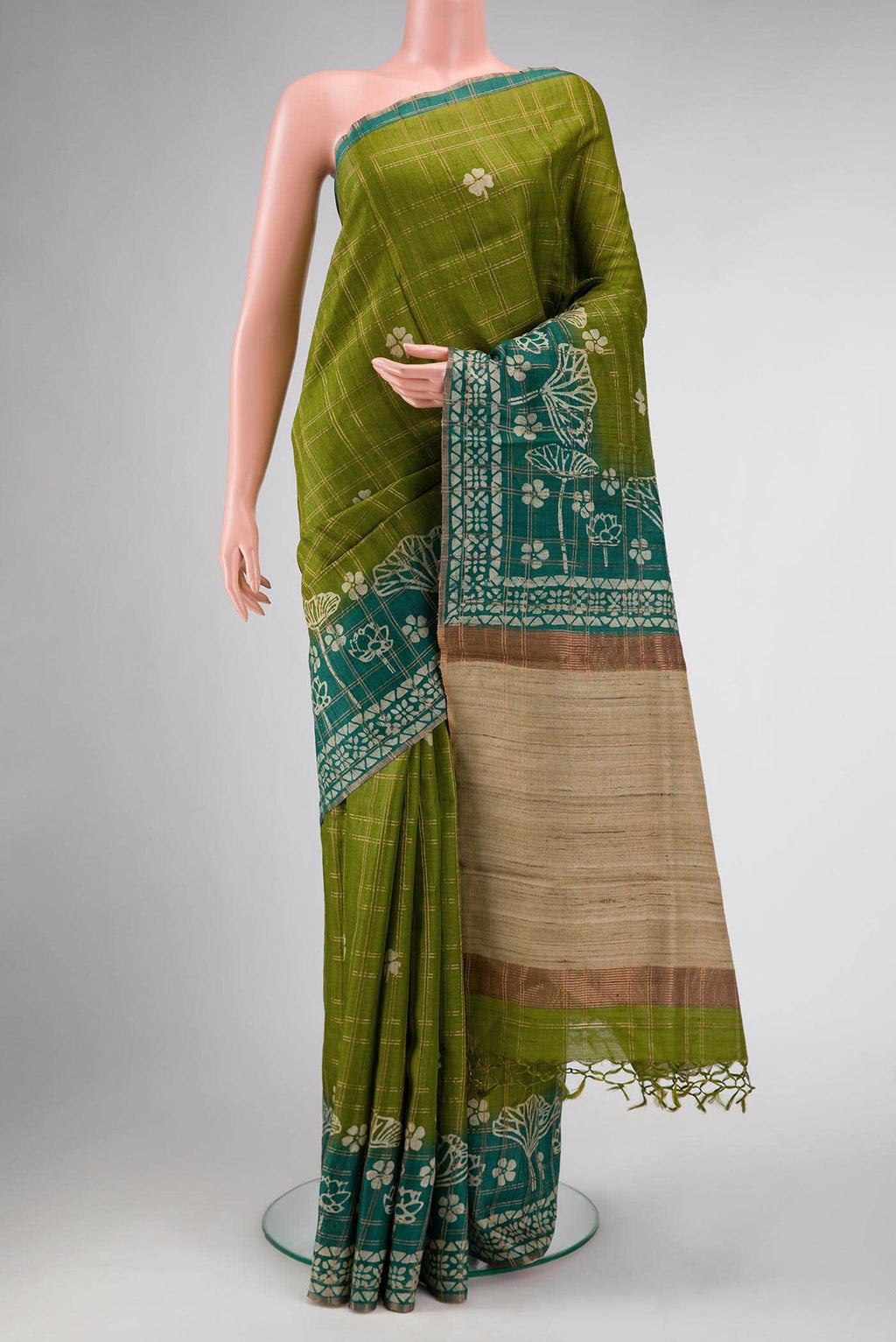 Mehandi Green Dual Tone Tussar Silk Saree
