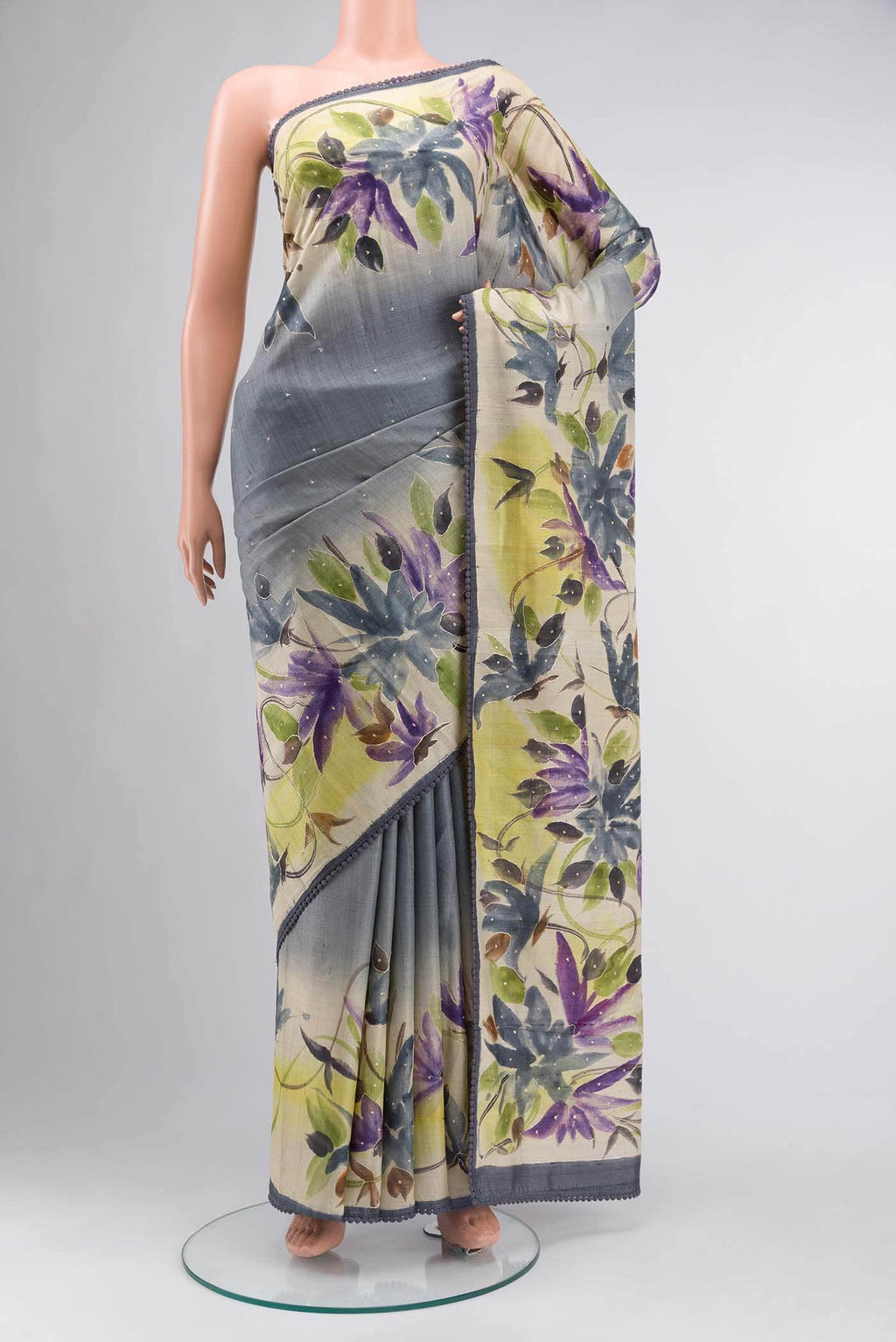 Grey Tussar Silk Saree