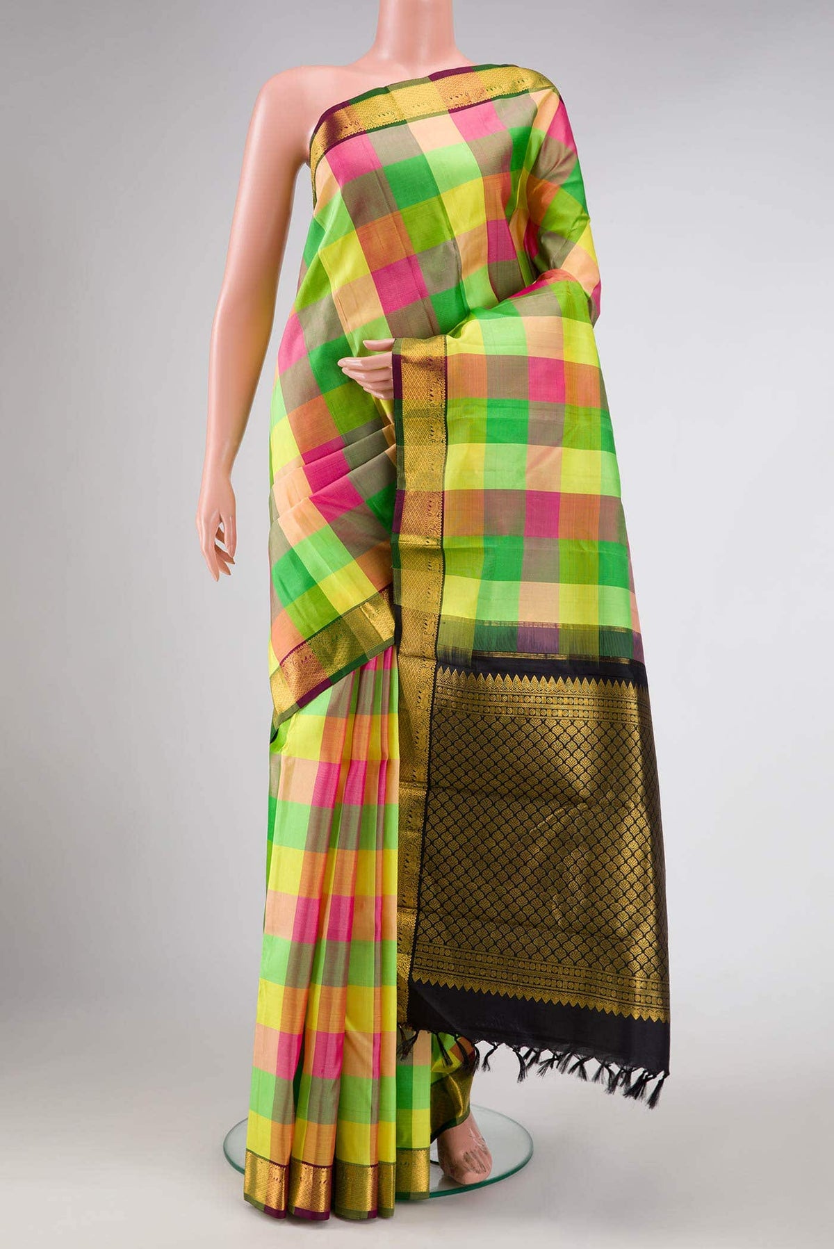 Pure Silk Pure Zari Yellow, Green and Pink Dual Tone Kanchipuram Saree