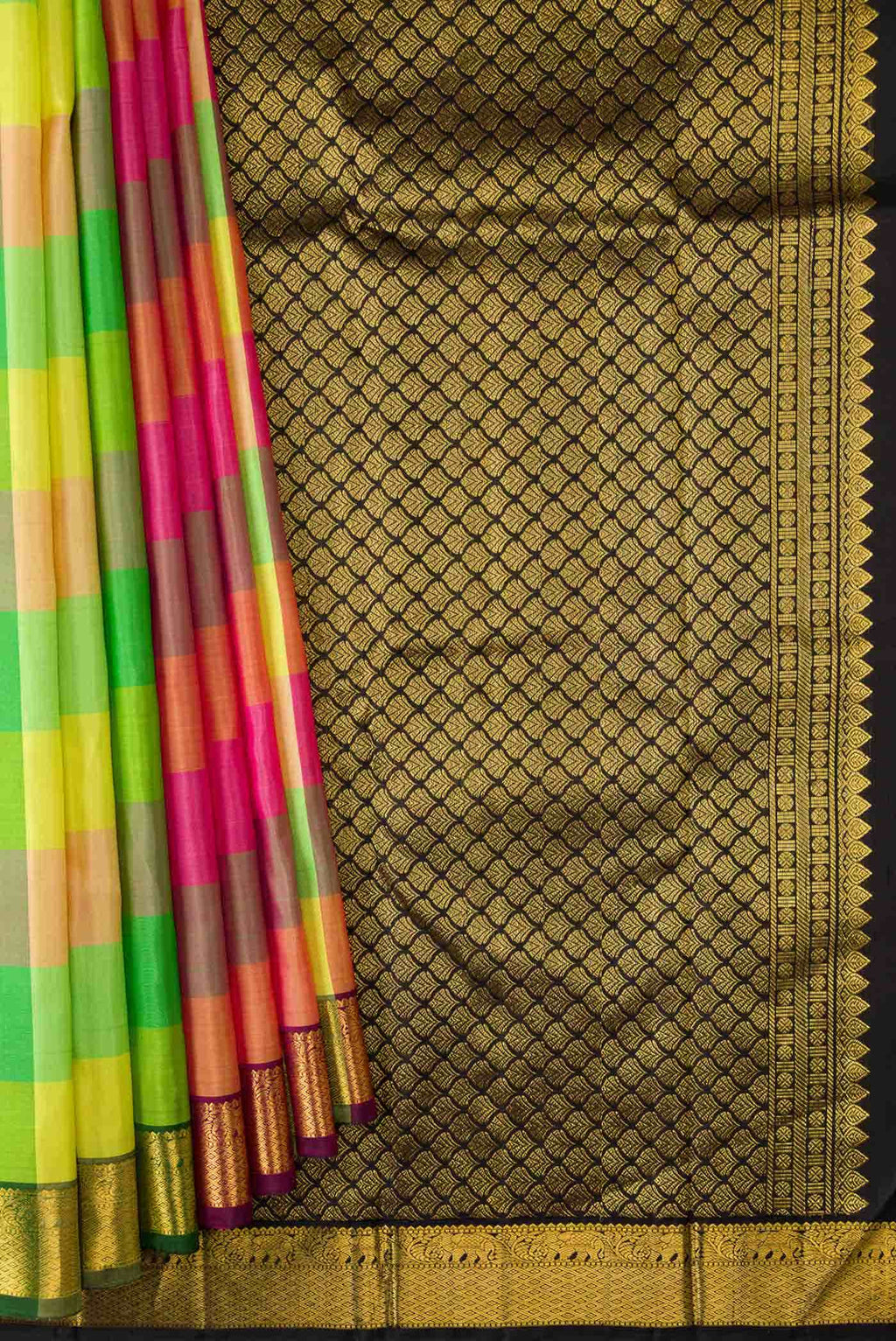 Pure Silk Pure Zari Yellow, Green and Pink Dual Tone Kanchipuram Saree