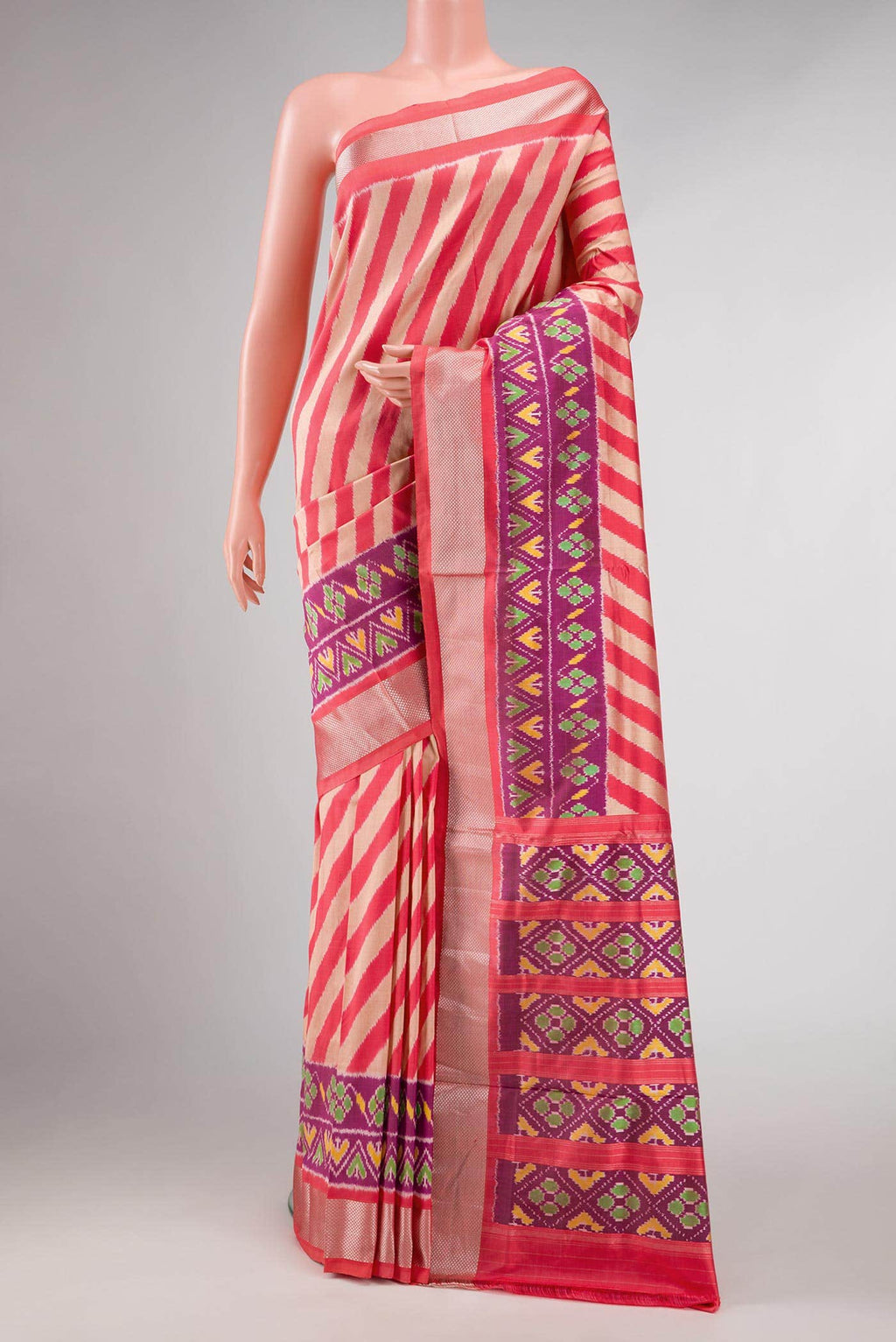 Orange and Beige Dual Tone Double Ikat Saree