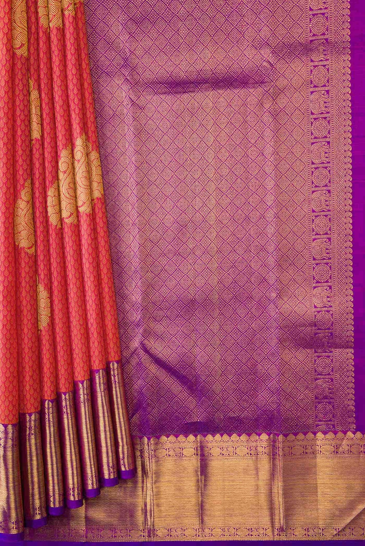 Pure Silk Pure Zari Peach Dual Tone Kanjivaram Saree