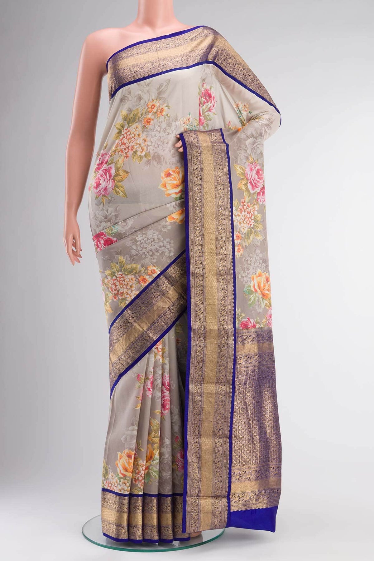 Grey Printed Silk Saree
