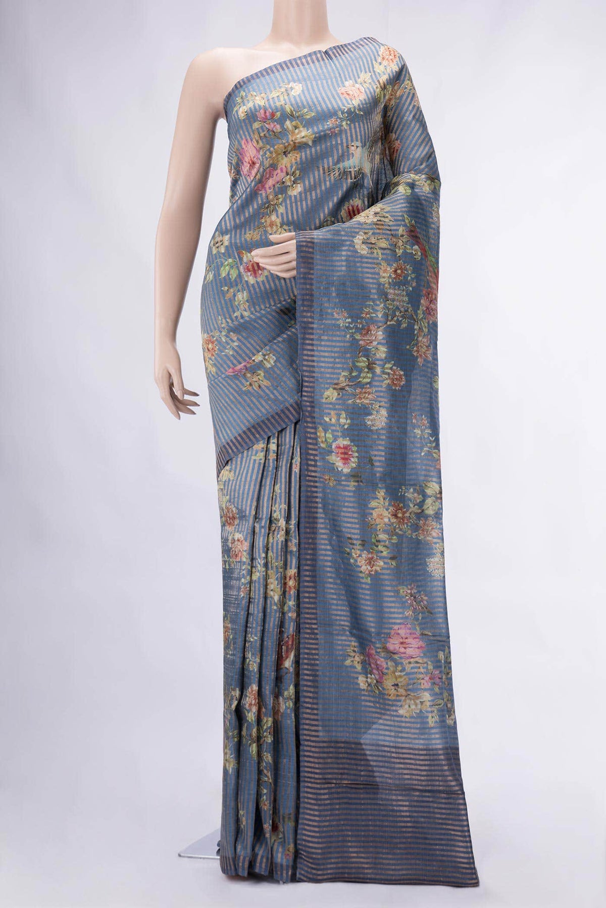 Slate Blue Tussar Silk Saree