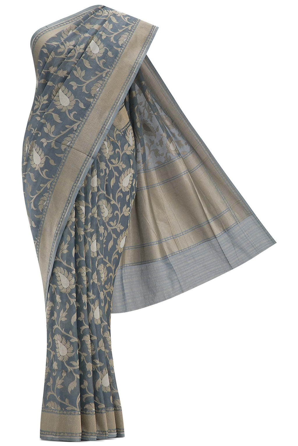 Pure Silk Pure Zari Grey Dual Tone Banarasi Cotton Saree