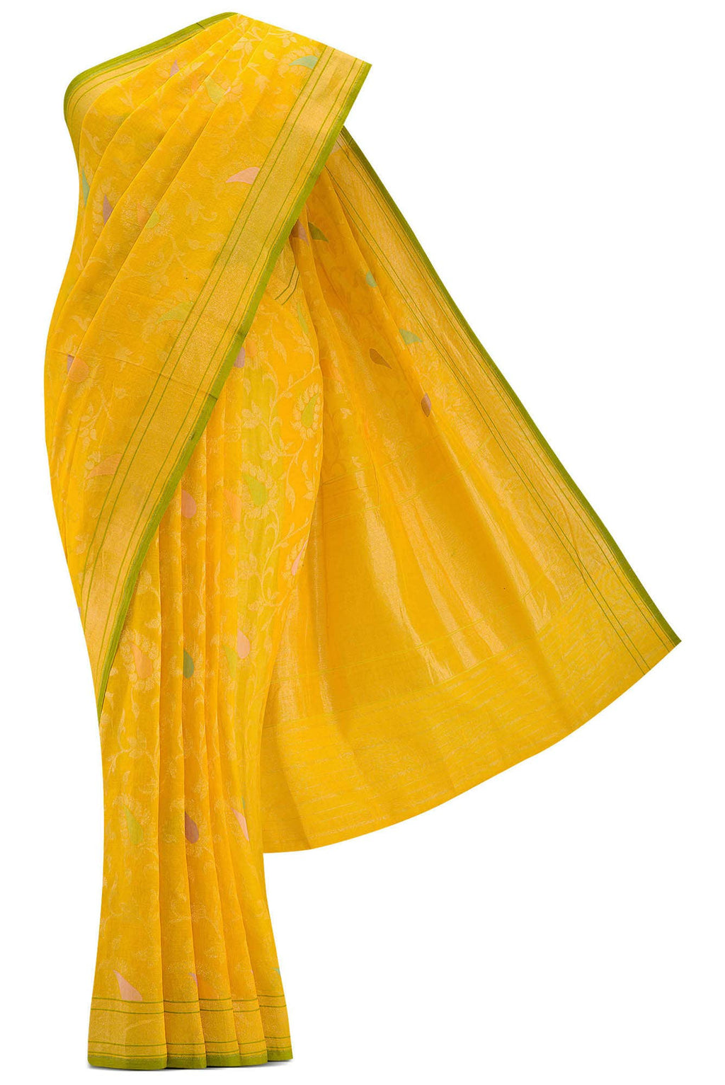 Pure Silk Pure Zari Yellow Dual Tone Banarasi Cotton Saree