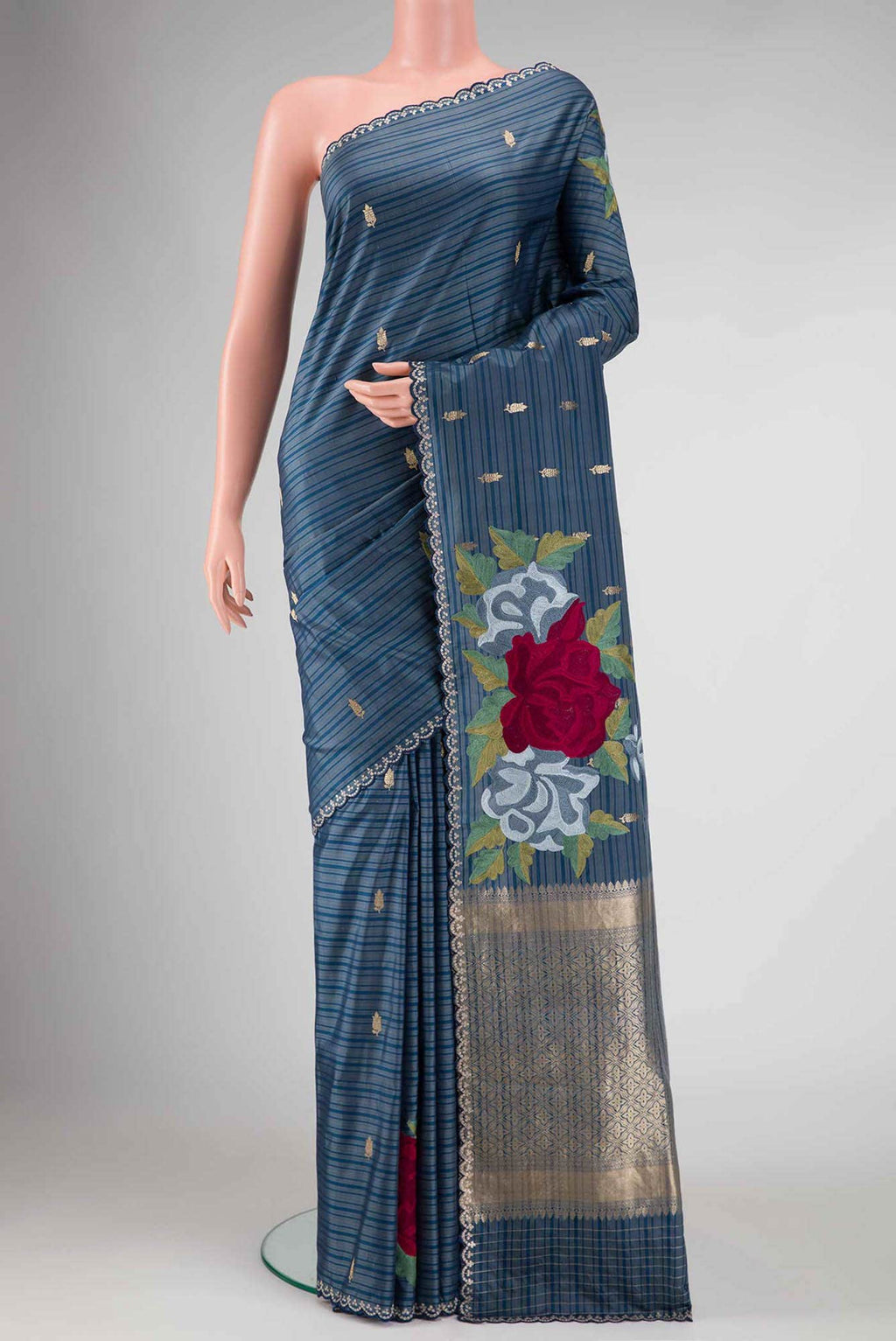 Blue Grey Dual Tone Tussar Silk Saree