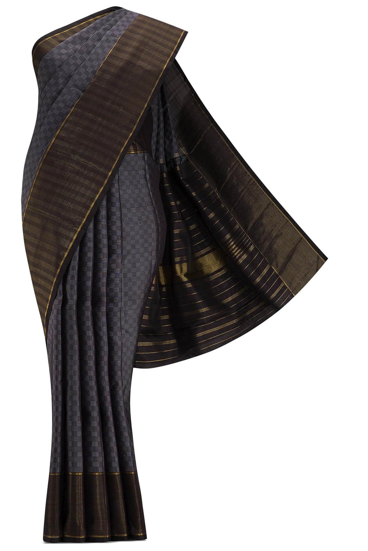 Pure Silk Pure Zari Grey and Black Dual Tone Kanjivaram Saree
