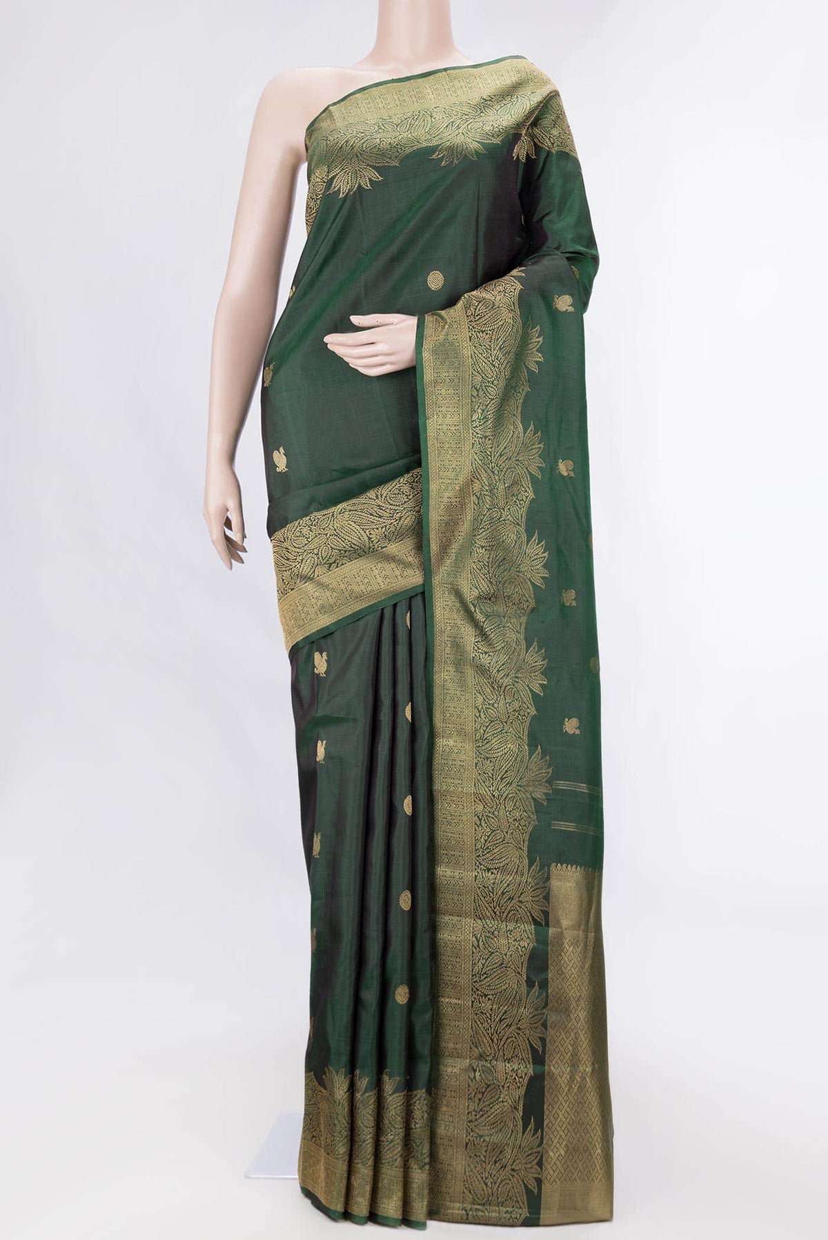 Pure Silk Pure Zari Bottle Green Kanchipuram Saree