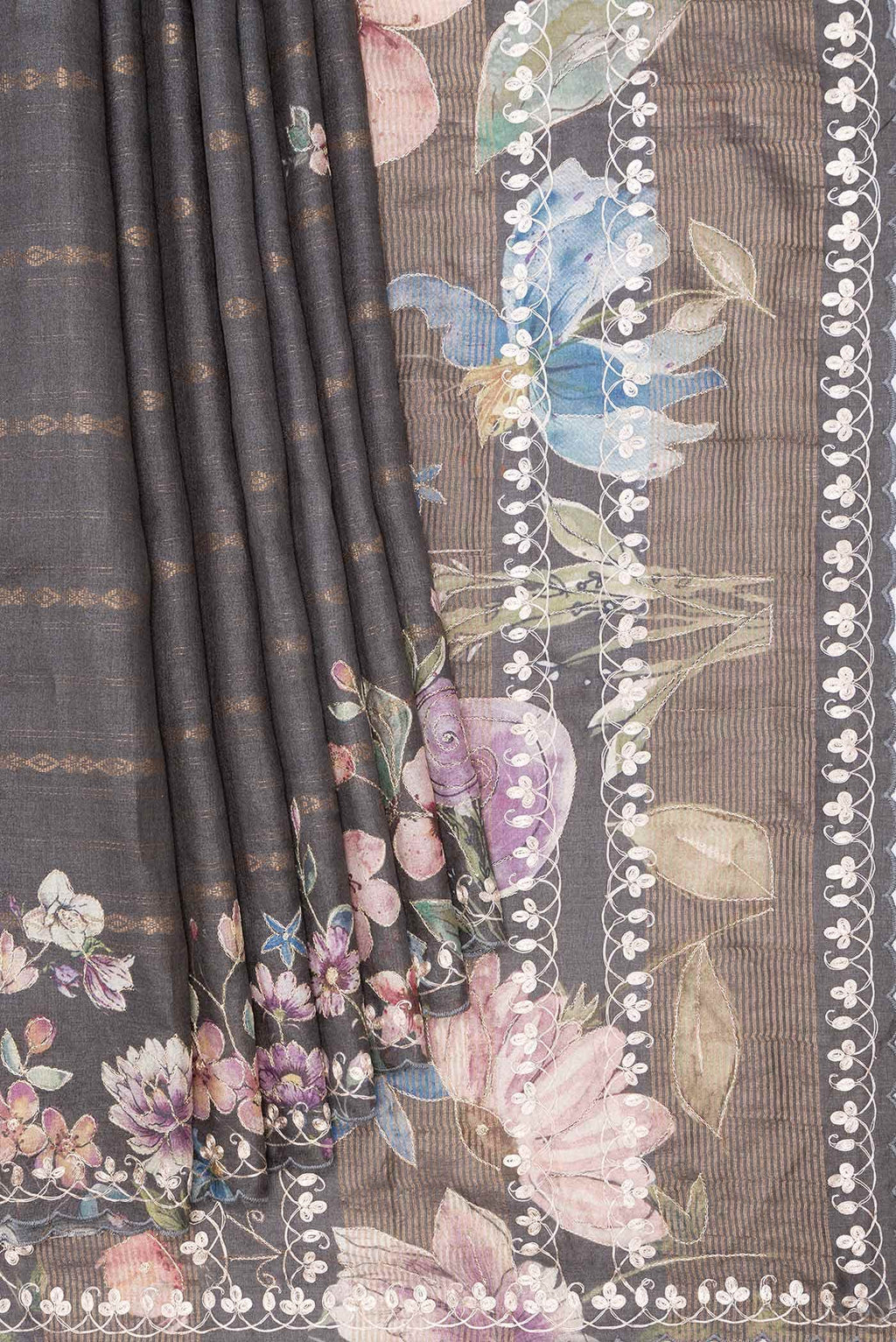Grey Tussar Silk Saree