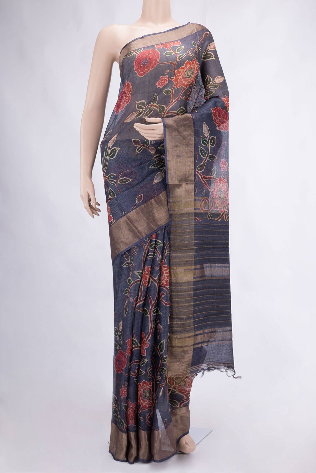 Navy Blue Tussar Silk Saree